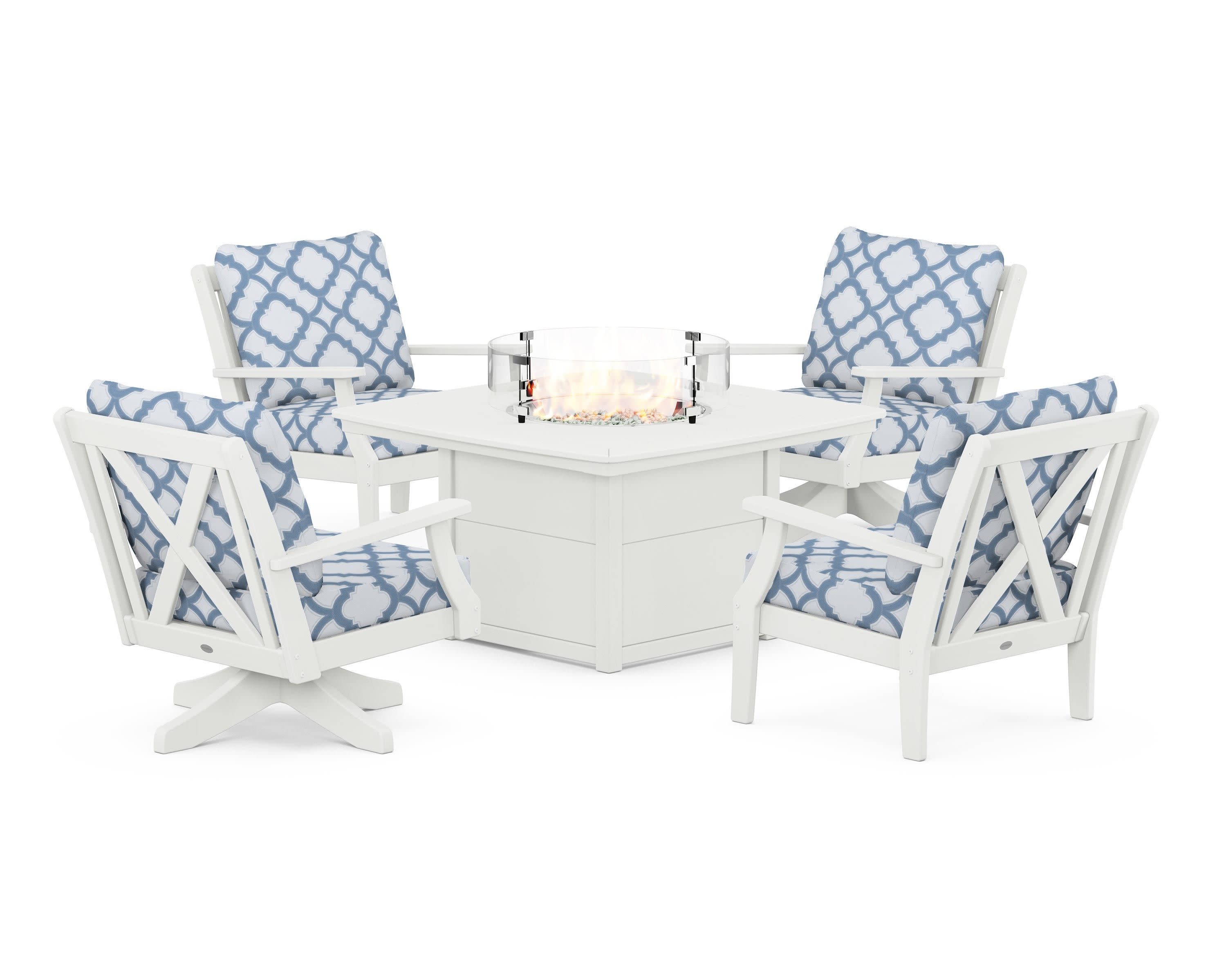 Braxton 5-Piece Deep Seating Set with Fire Table in Vintage White / Trellis Sky Blue