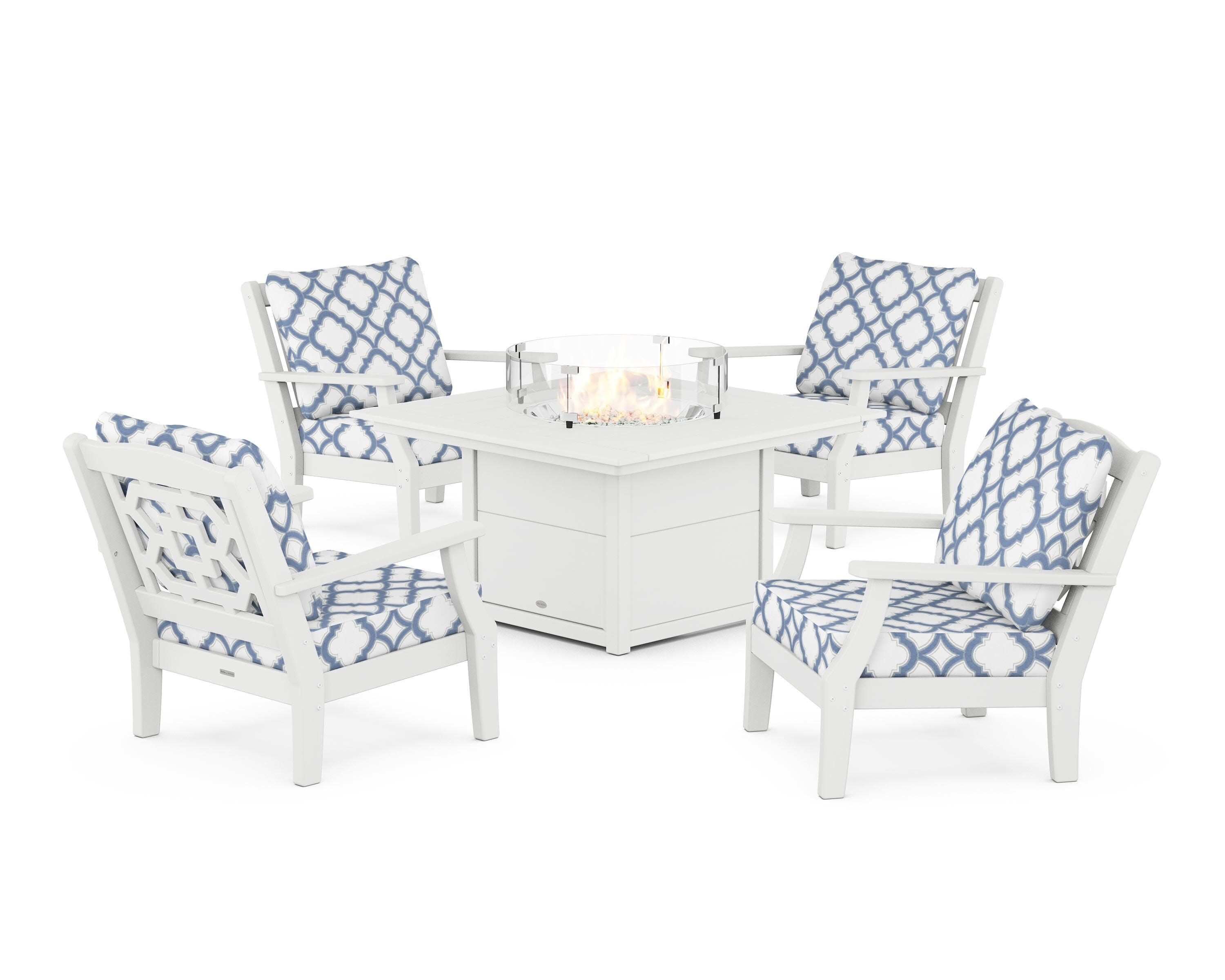 Chinoiserie 5-Piece Deep Seating Set with Fire Pit Table in White / Trellis Sky Blue