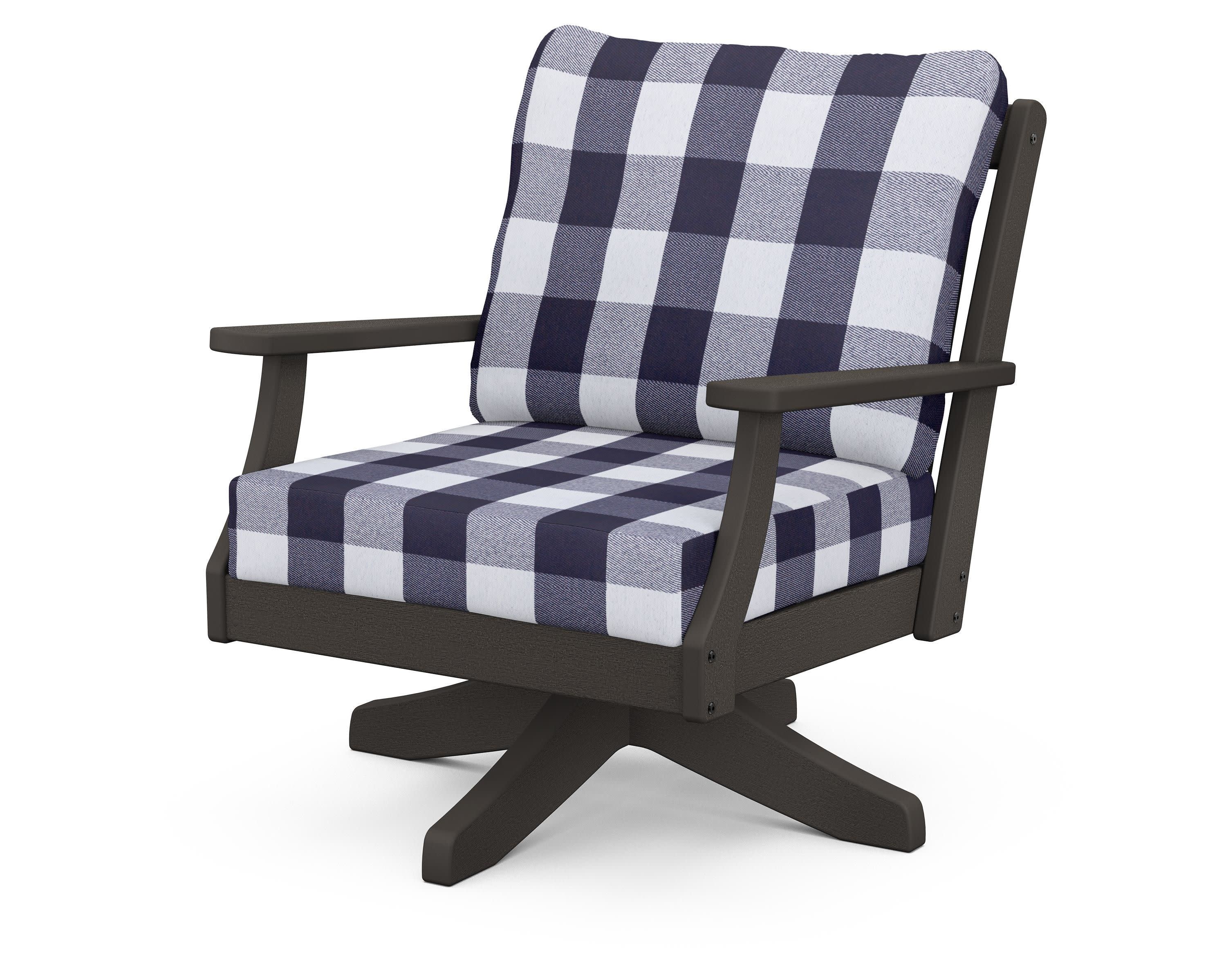 Braxton Deep Seating Swivel Chair in Vintage Coffee / Buffalo Plaid Navy