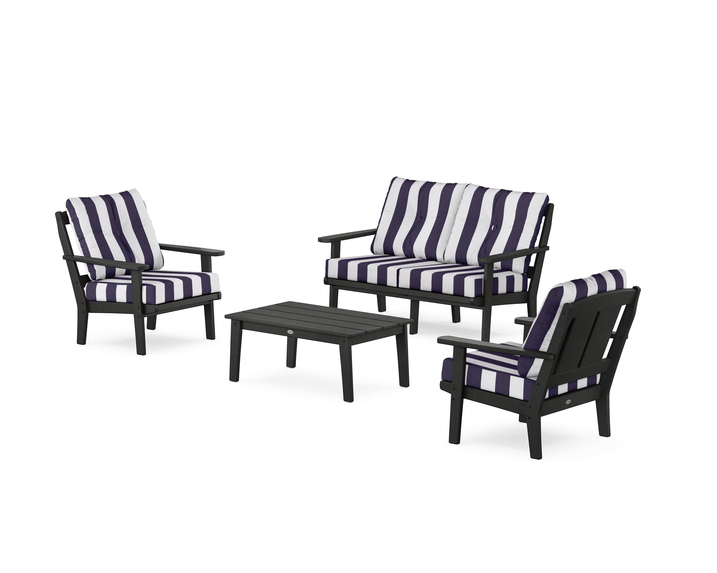 Mission 4-Piece Deep Seating Set with Loveseat in Black / Cabana Stripe Navy
