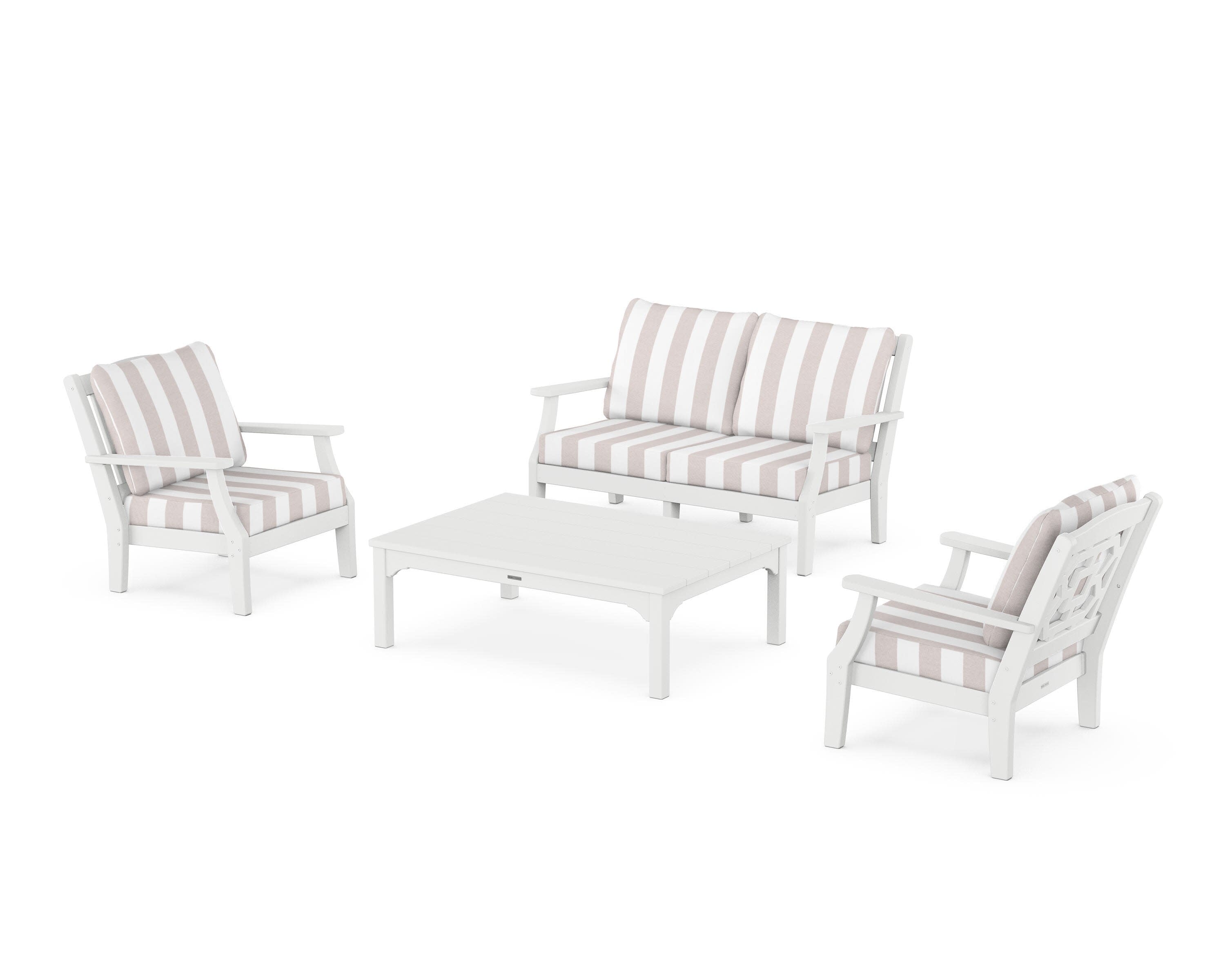Chinoiserie 4-Piece Deep Seating Set with Loveseat in White / Cabana Stripe Dune Burlap