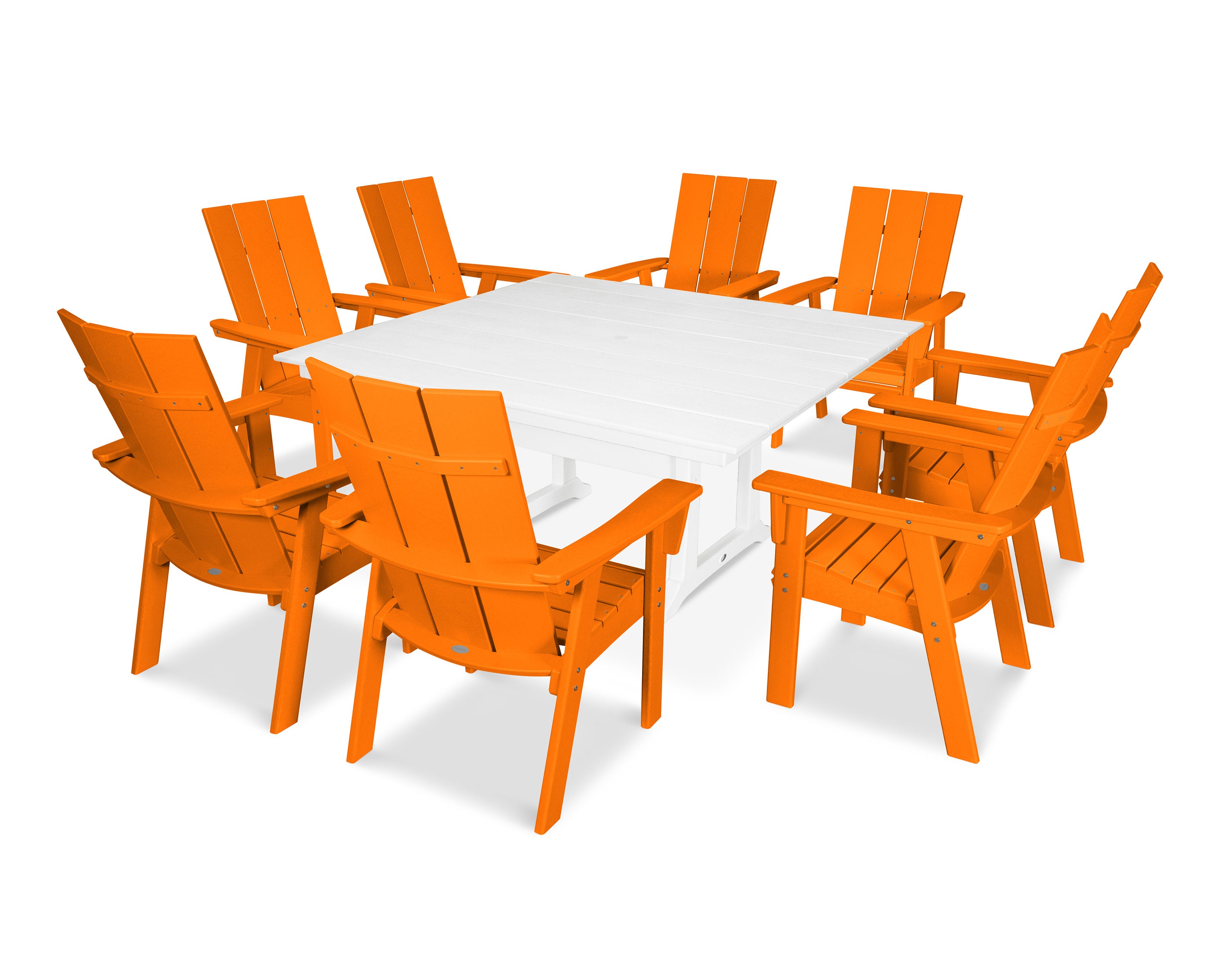 Modern Curveback Adirondack 9-Piece Farmhouse Trestle Dining Set in Tangerine / White