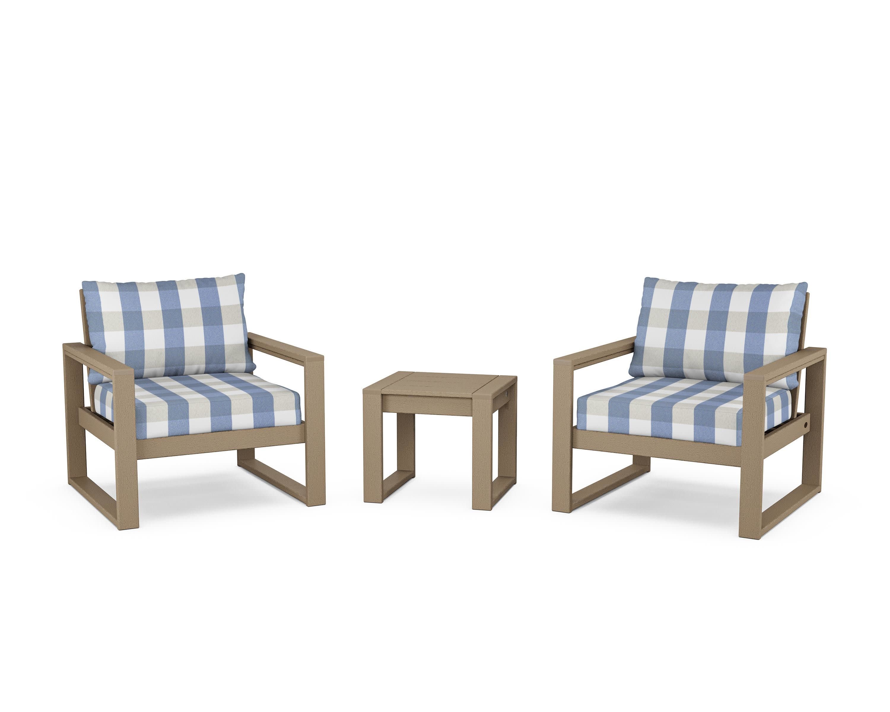 EDGE Sectional 3-Piece Deep Seating Set in Vintage Sahara / Buffalo Plaid Sky Blue