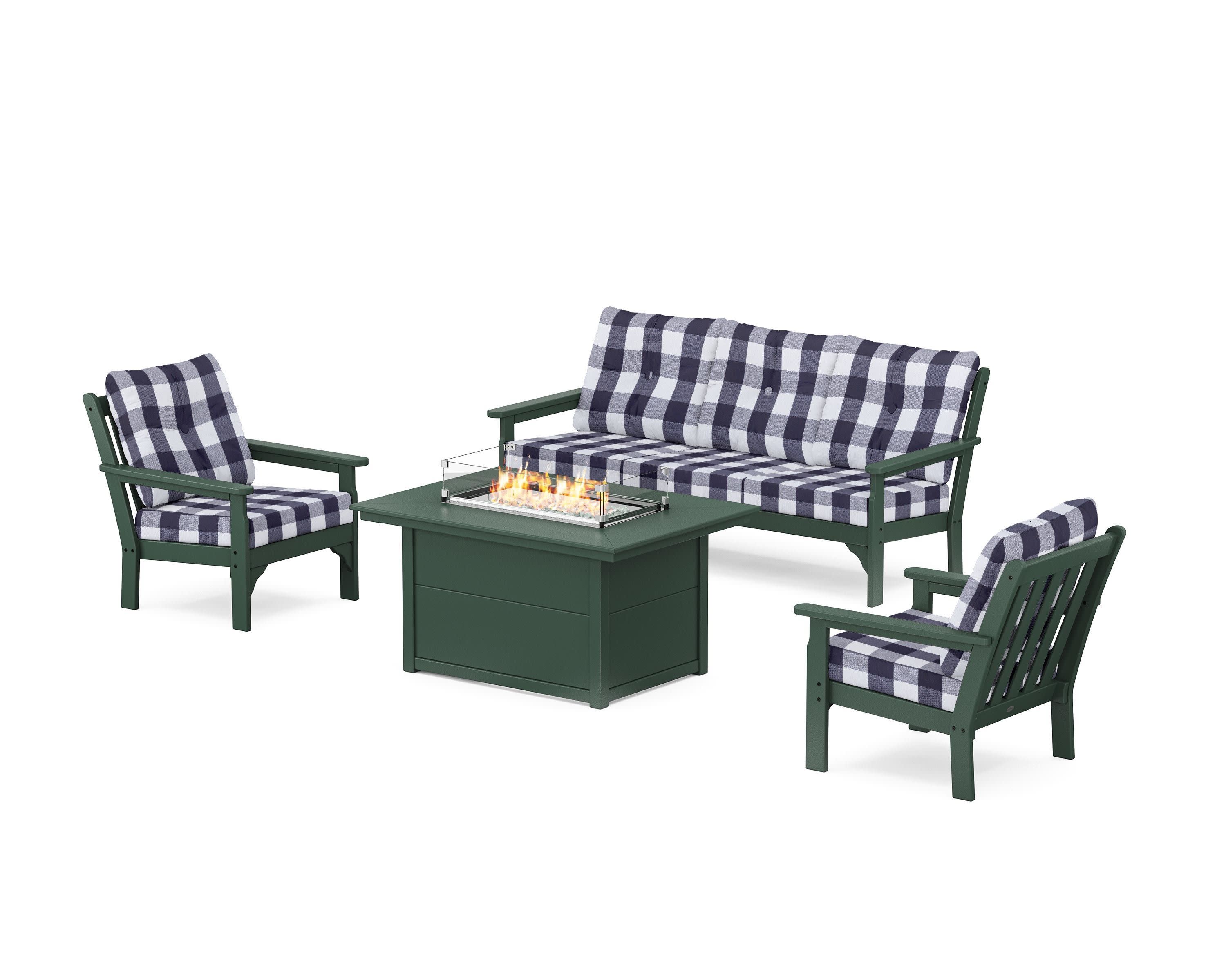 Vineyard Deep Seating Fire Pit Table Set in Green / Buffalo Plaid Navy