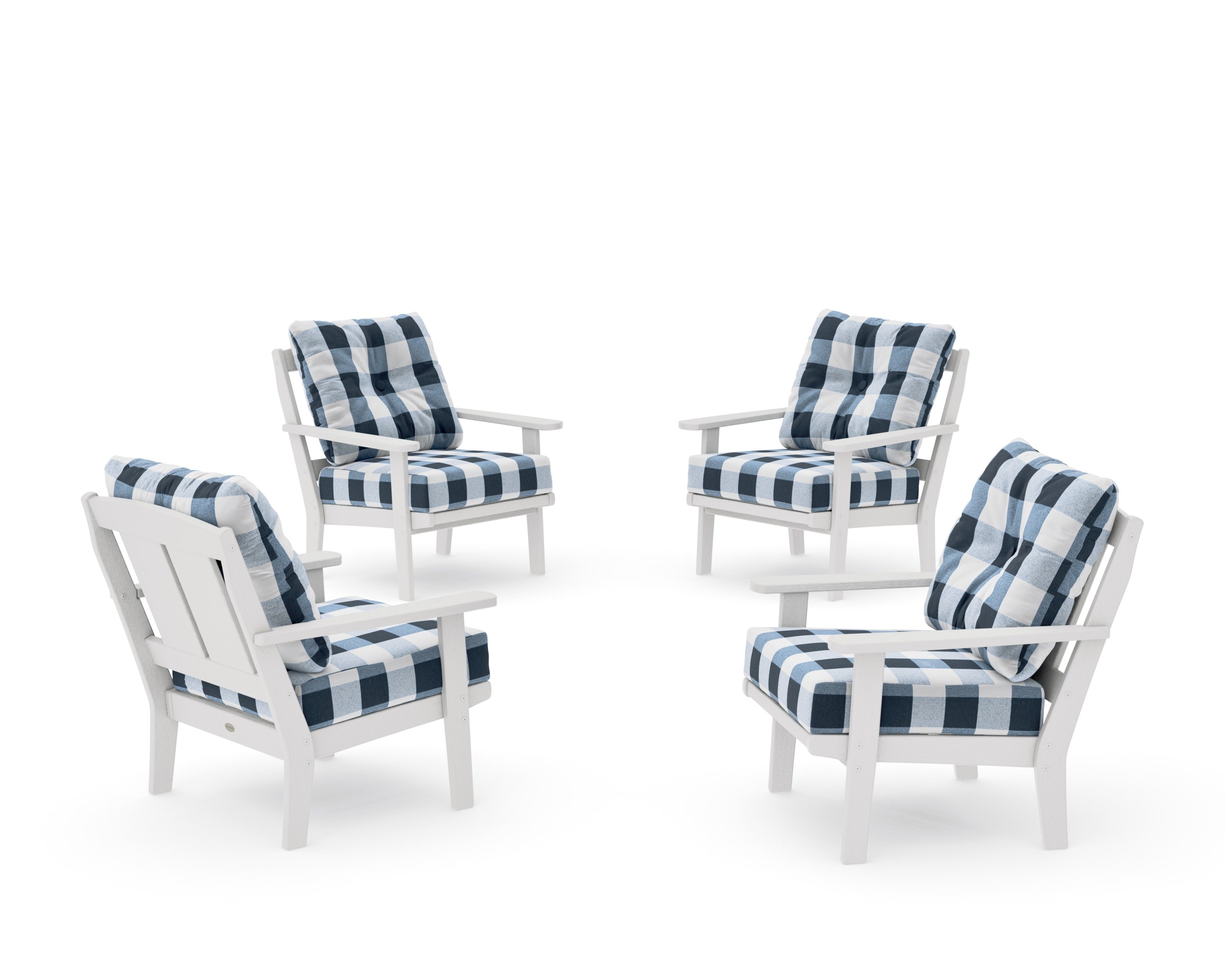 Mission 5-Piece Deep Seating Set with Fire Pit Table in Vintage White / Buffalo Plaid Marine Indigo