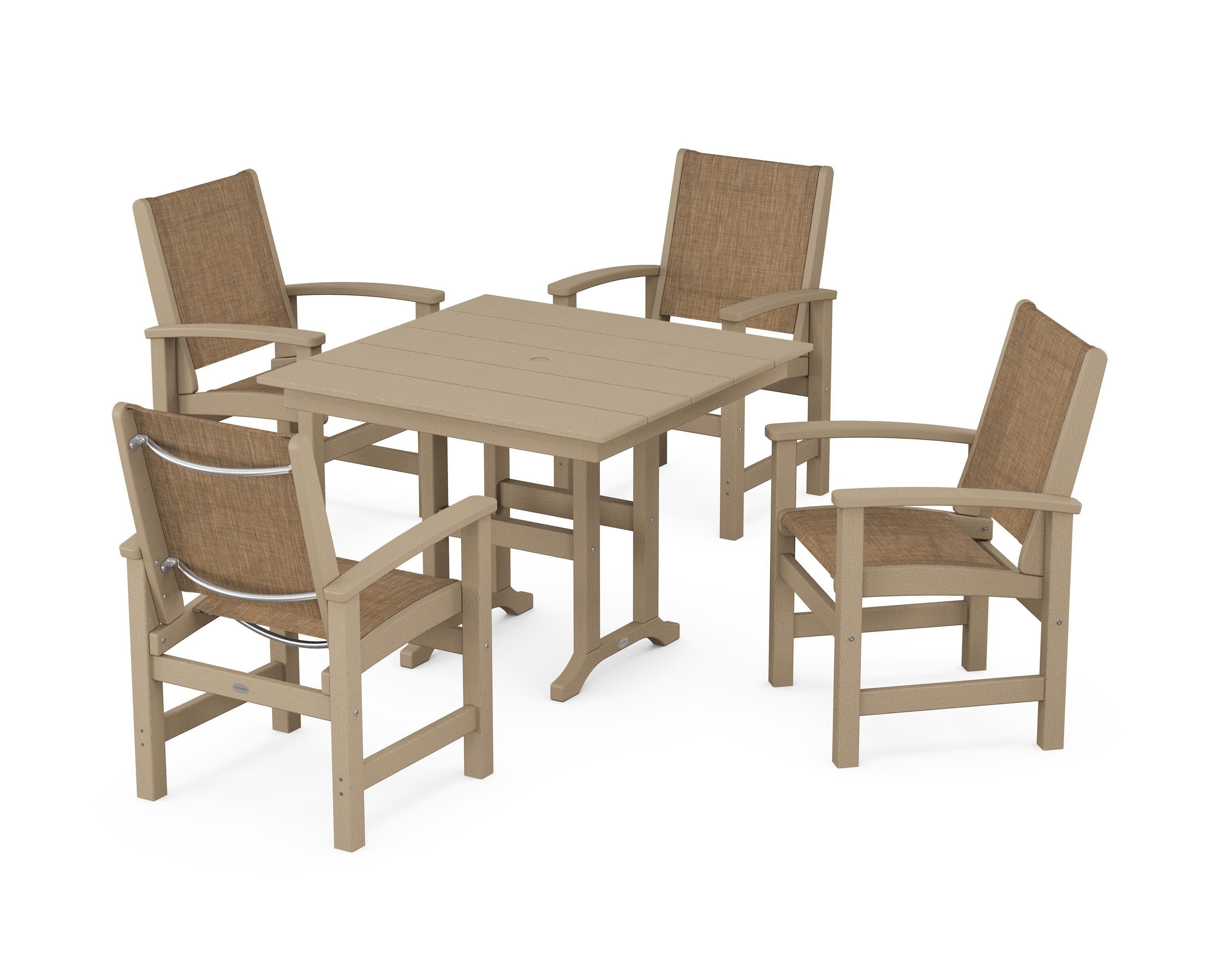 Coastal 5-Piece Farmhouse Dining Set in Vintage Sahara / Burlap Sling