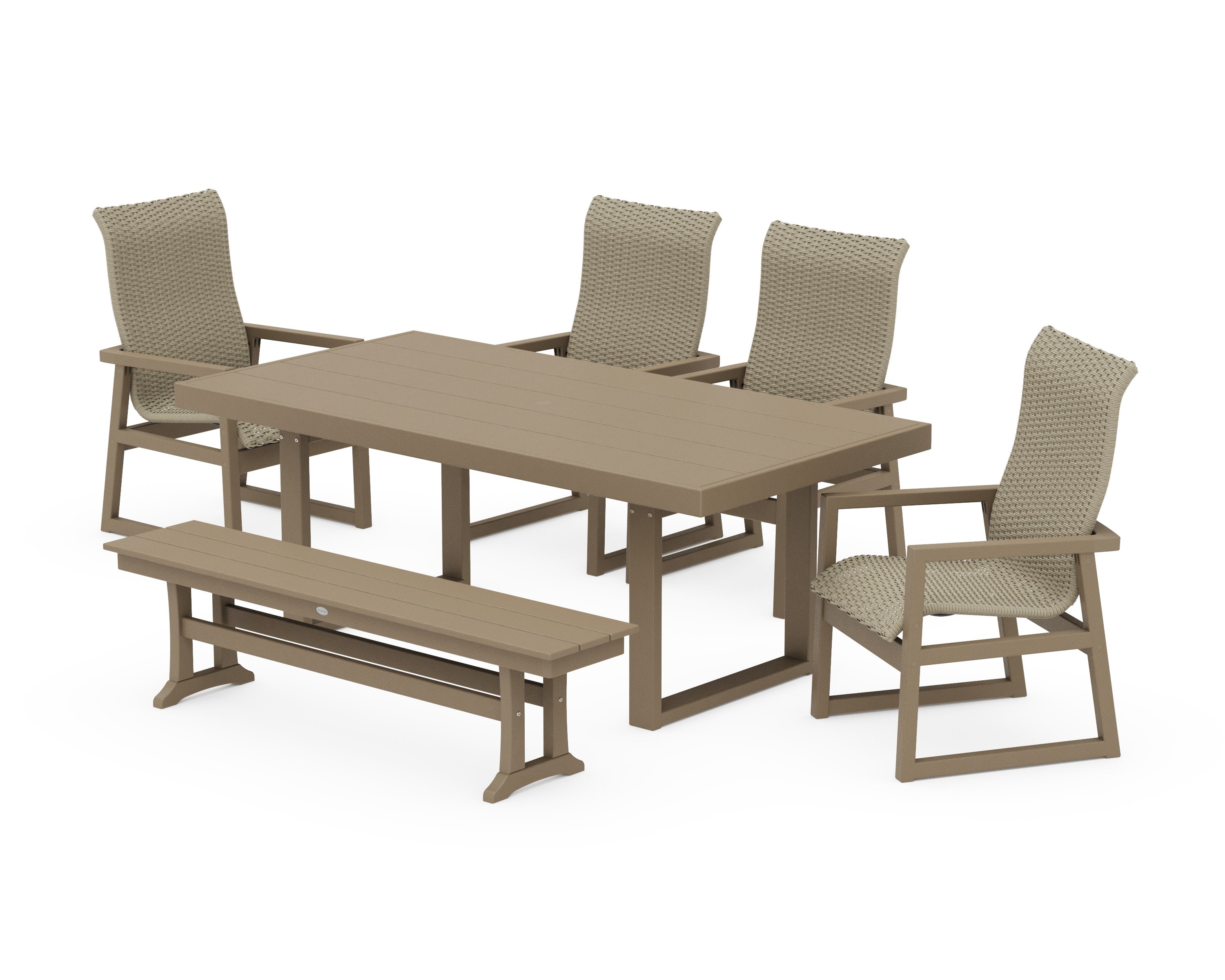 EDGE Woven Highback 6-Piece Dining Set with Bench in Vintage Sahara / Dune Grass
