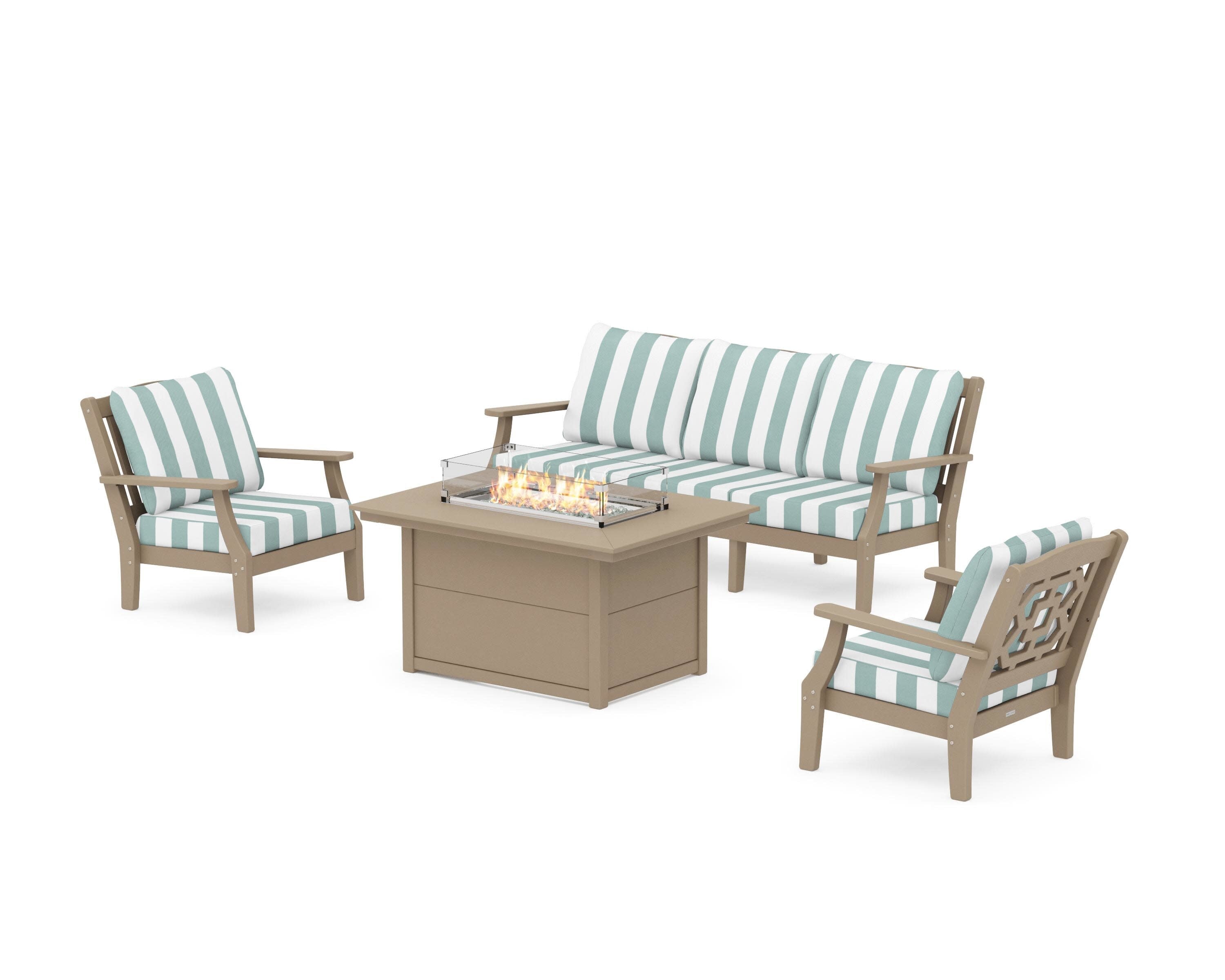 Chinoiserie Deep Seating Fire Pit Table Set in Vintage Sahara / Cabana Stripe Glacier Spa