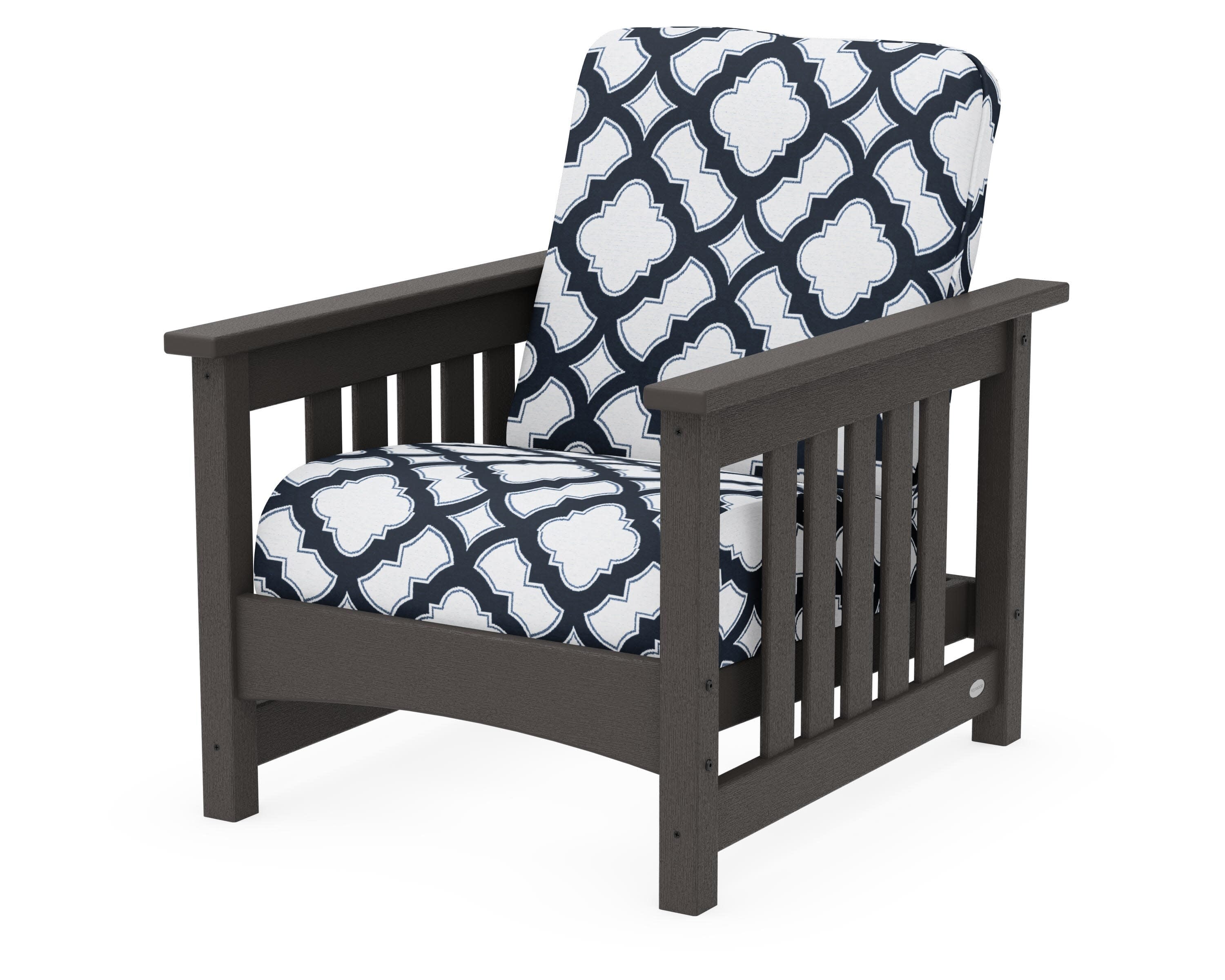 Club Mission Chair in Vintage Coffee / Trellis Marine Indigo