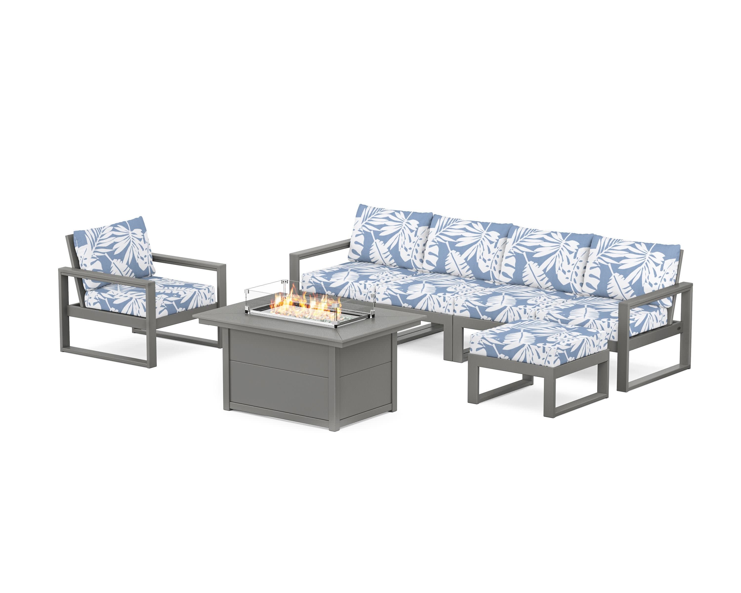 EDGE Sectional Lounge and Fire Pit Set in Slate Grey / Leaf Sky Blue