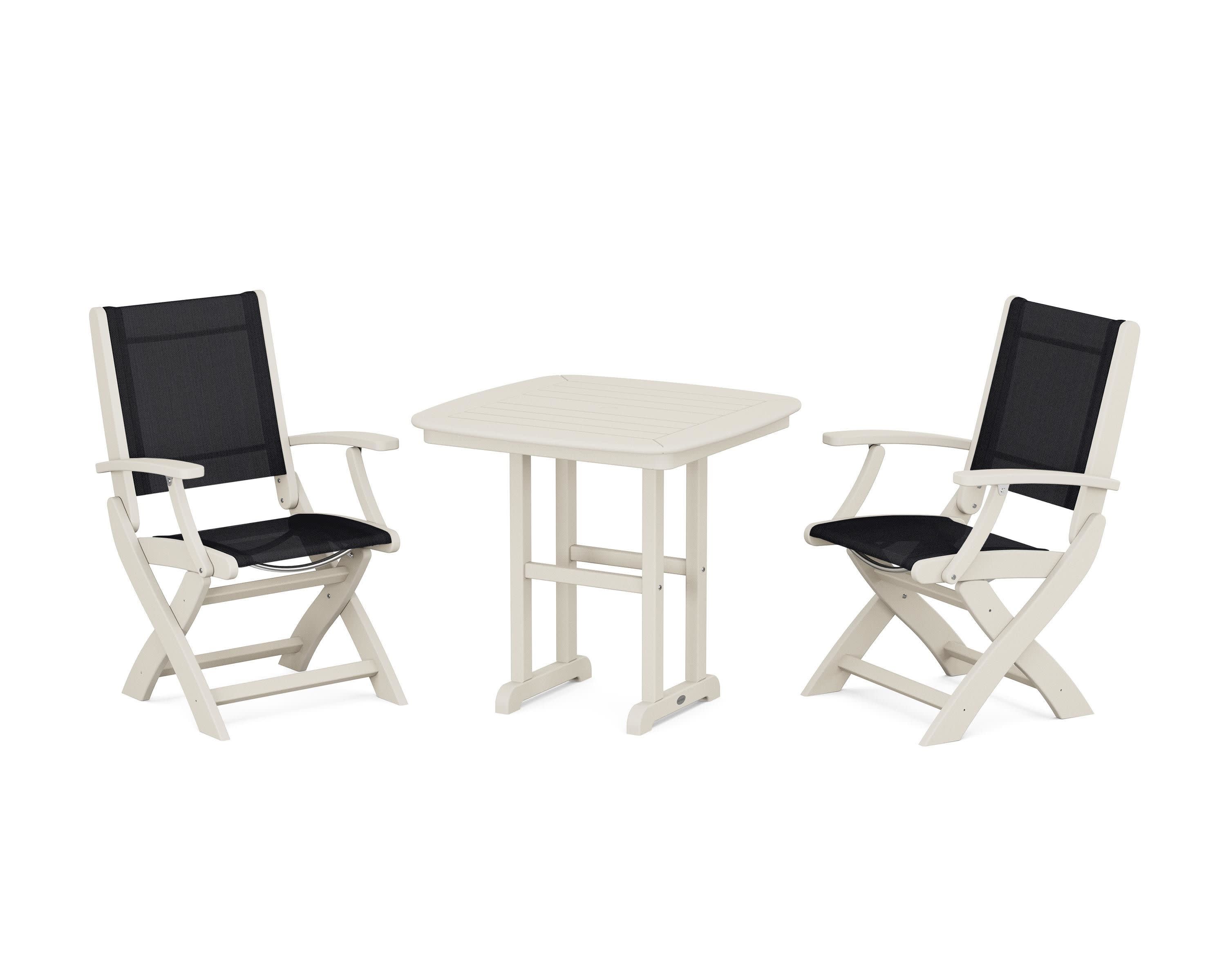 Coastal Folding Chair 3-Piece Dining Set in Sand / Black Sling