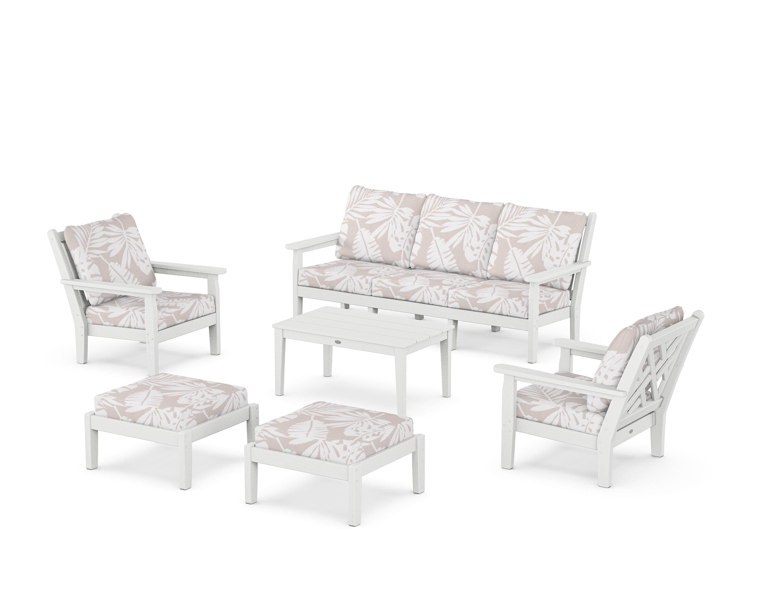 Chippendale 6-Piece Lounge Sofa Set in White / Leaf Dune Burlap
