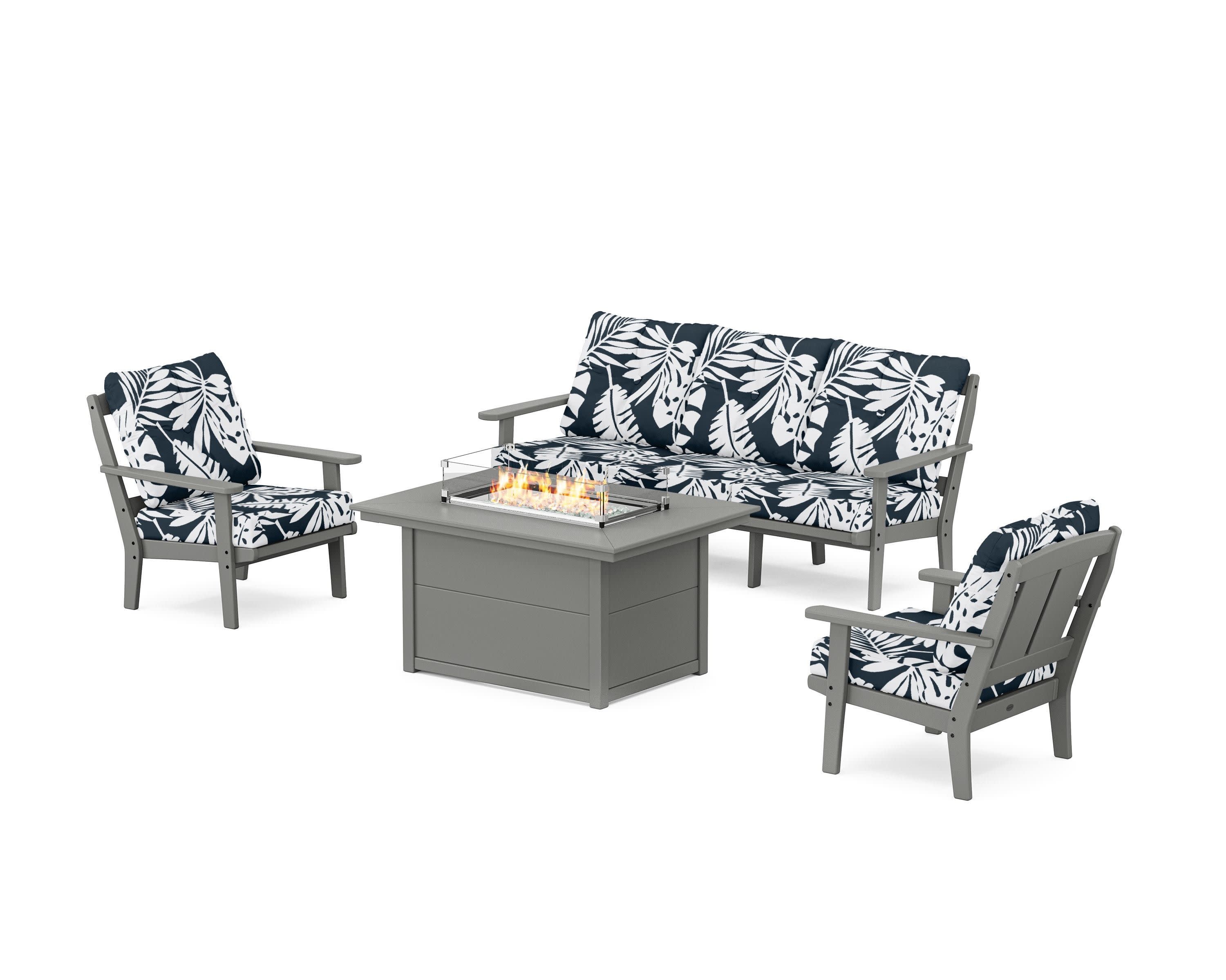 Mission Deep Seating Fire Pit Table Set in Slate Grey / Leaf Marine Indigo