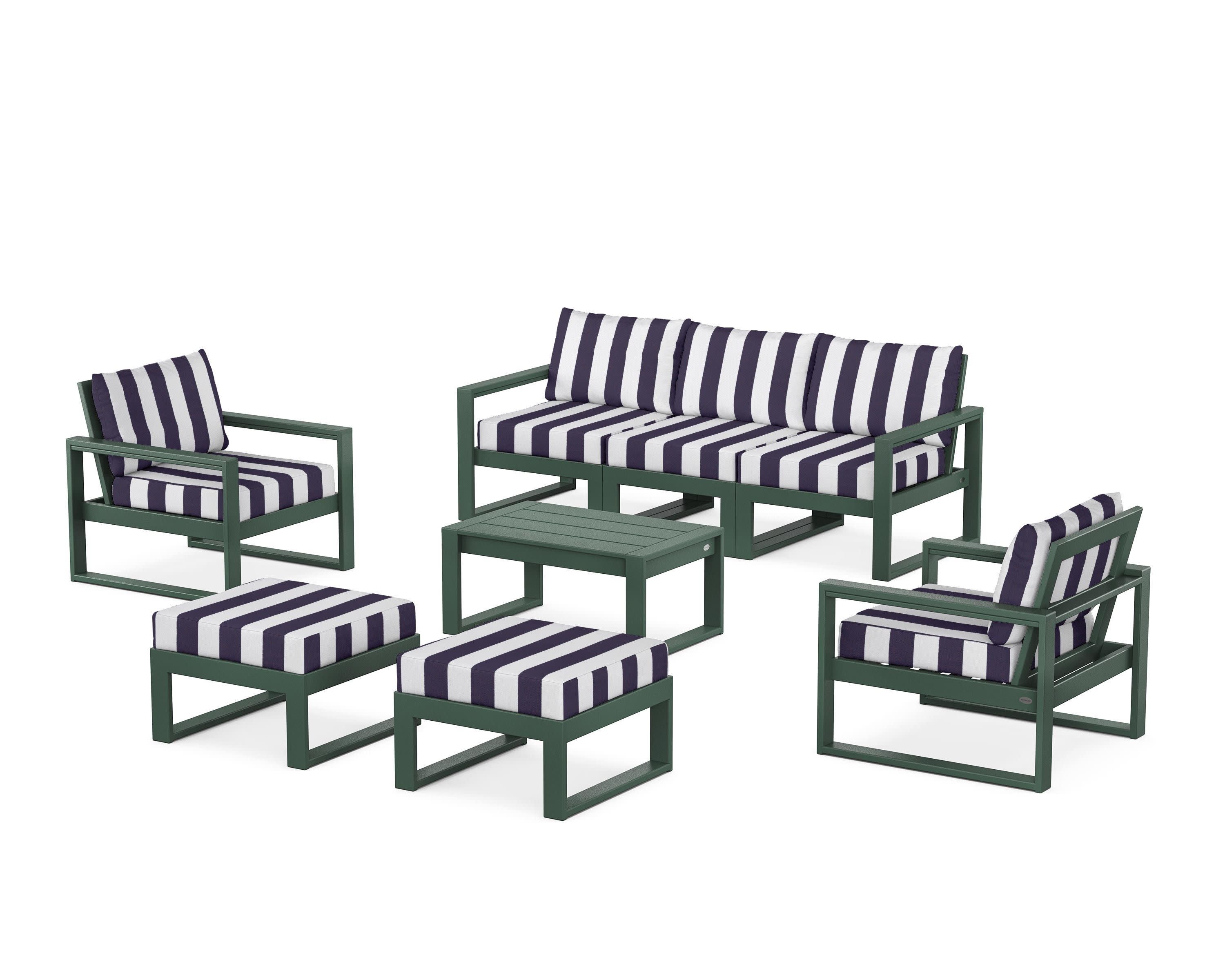 EDGE Sectional 8-Piece Lounge Sofa Set in Green / Cabana Stripe Navy