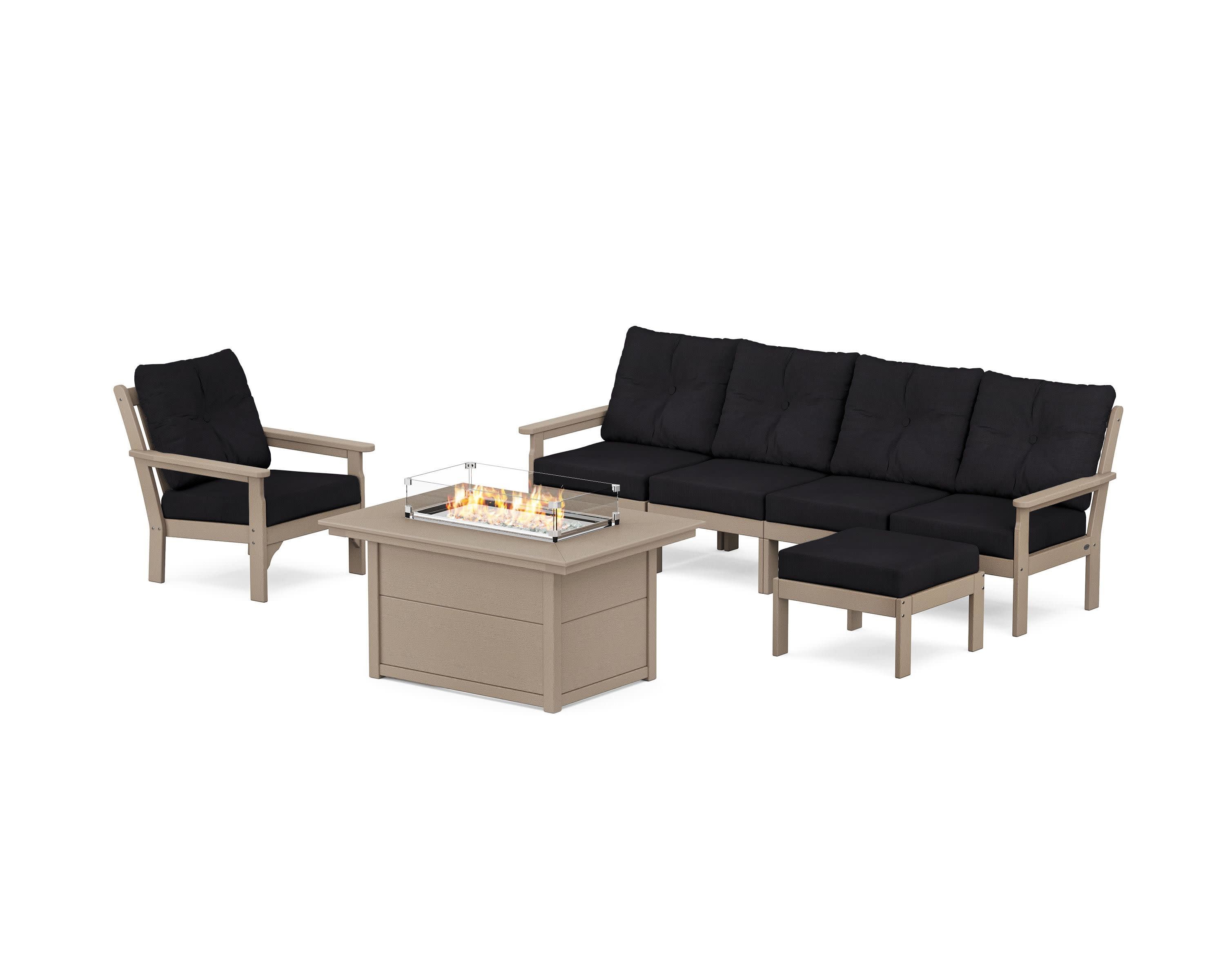Vineyard Sectional Lounge and Fire Pit Set in Vintage Sahara / Midnight Linen