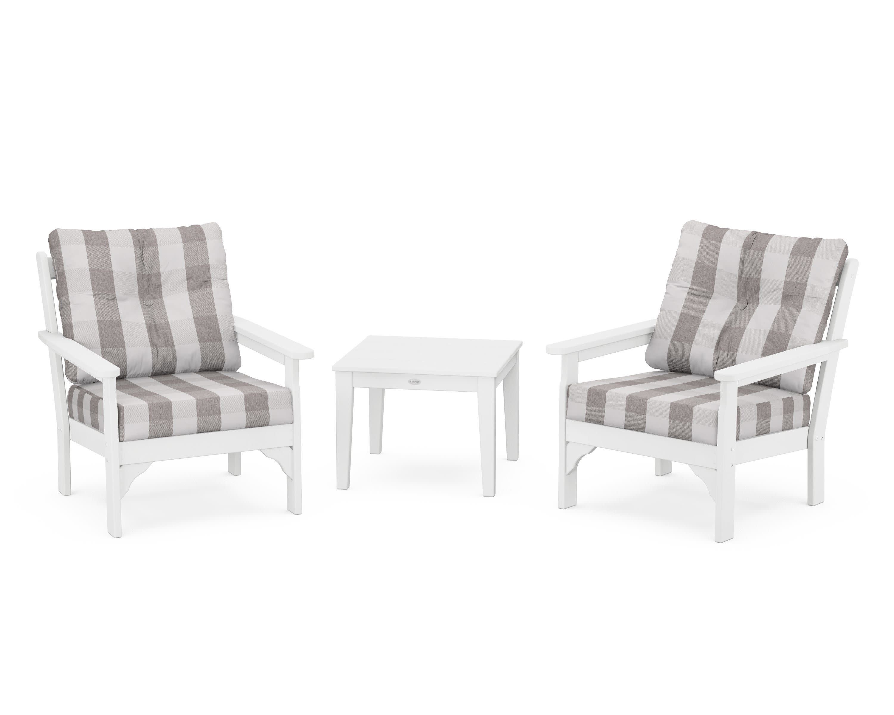 Vineyard 3-Piece Deep Seating Set in White / Buffalo Plaid Grey Mist
