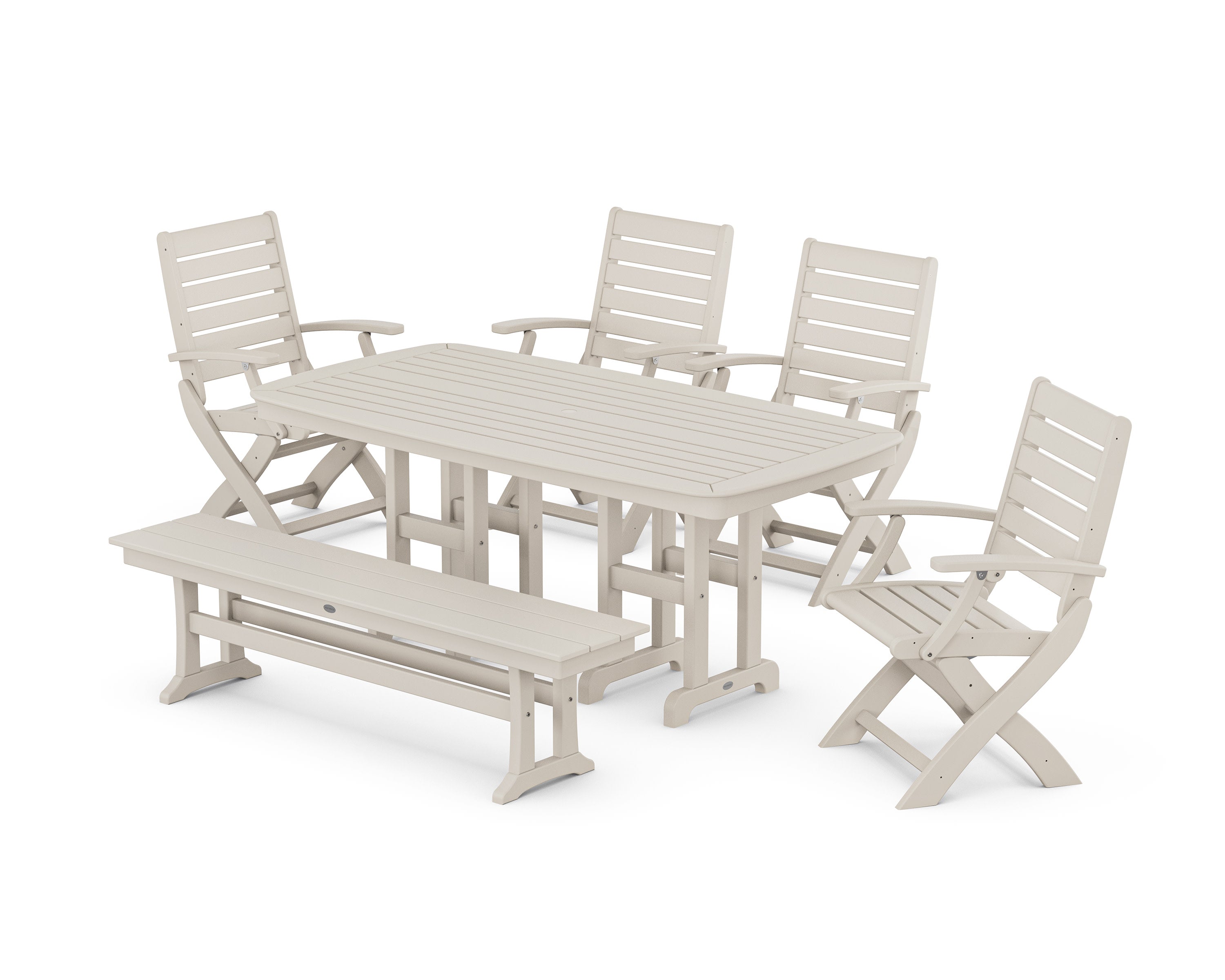 Signature Folding Chair 6-Piece Dining Set with Bench in Sand