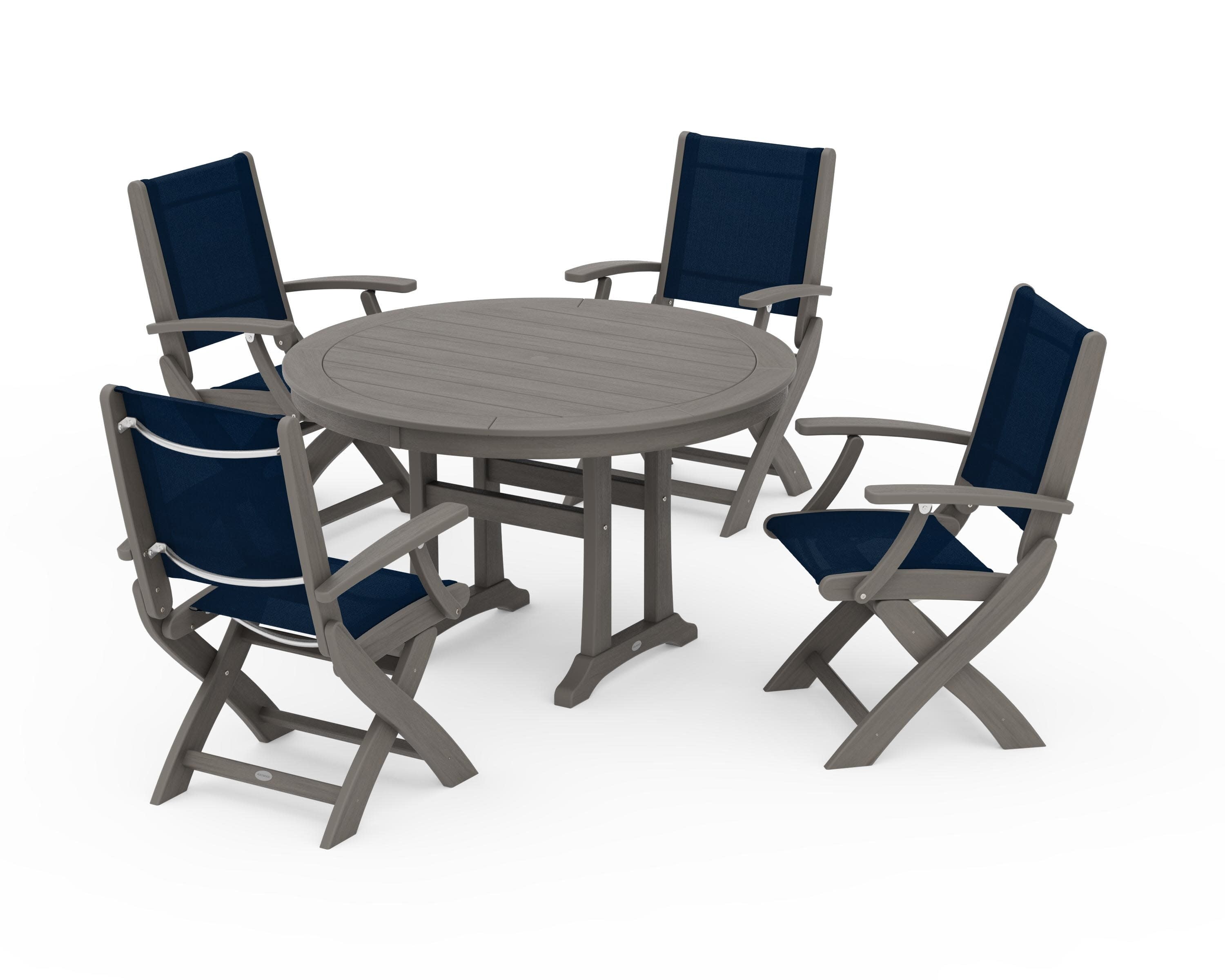 Coastal Folding Chair 5-Piece Round Dining Set with Trestle Legs in Driftwood / Navy Blue Sling
