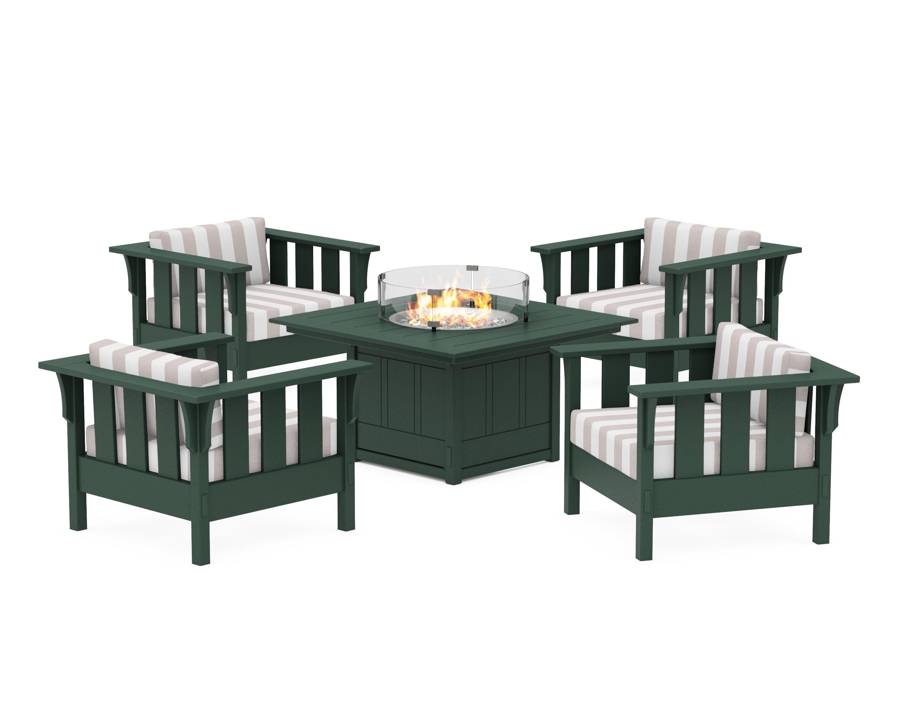 Acadia 5-Piece Deep Seating Set with Fire Pit Table in Green / Cabana Stripe Dune Burlap