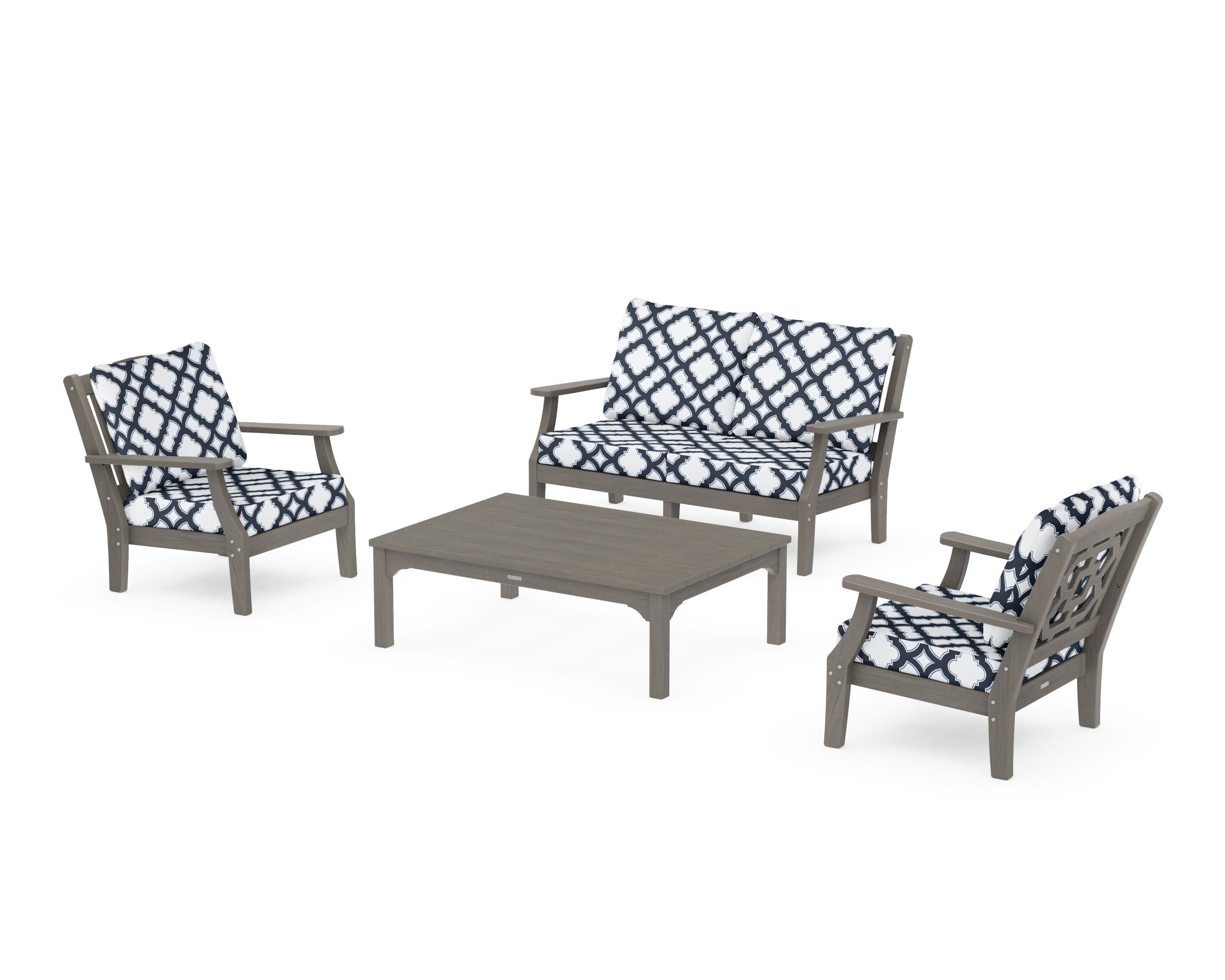 Chinoiserie 4-Piece Deep Seating Set with Loveseat in Driftwood / Trellis Marine Indigo