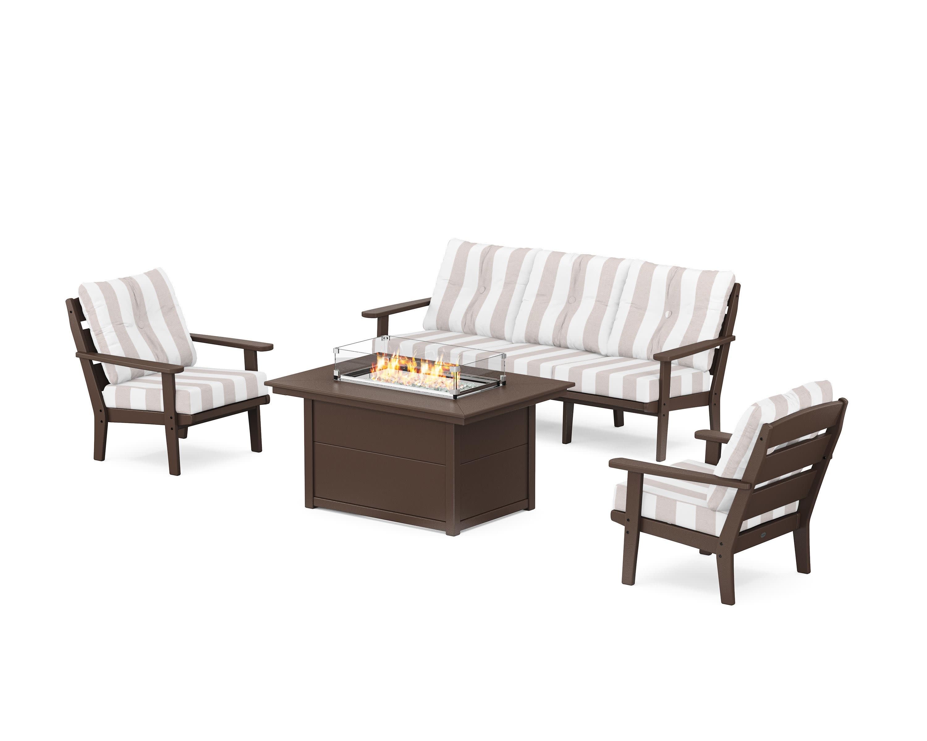 Lakeside Deep Seating Fire Pit Table Set in Mahogany / Cabana Stripe Dune Burlap