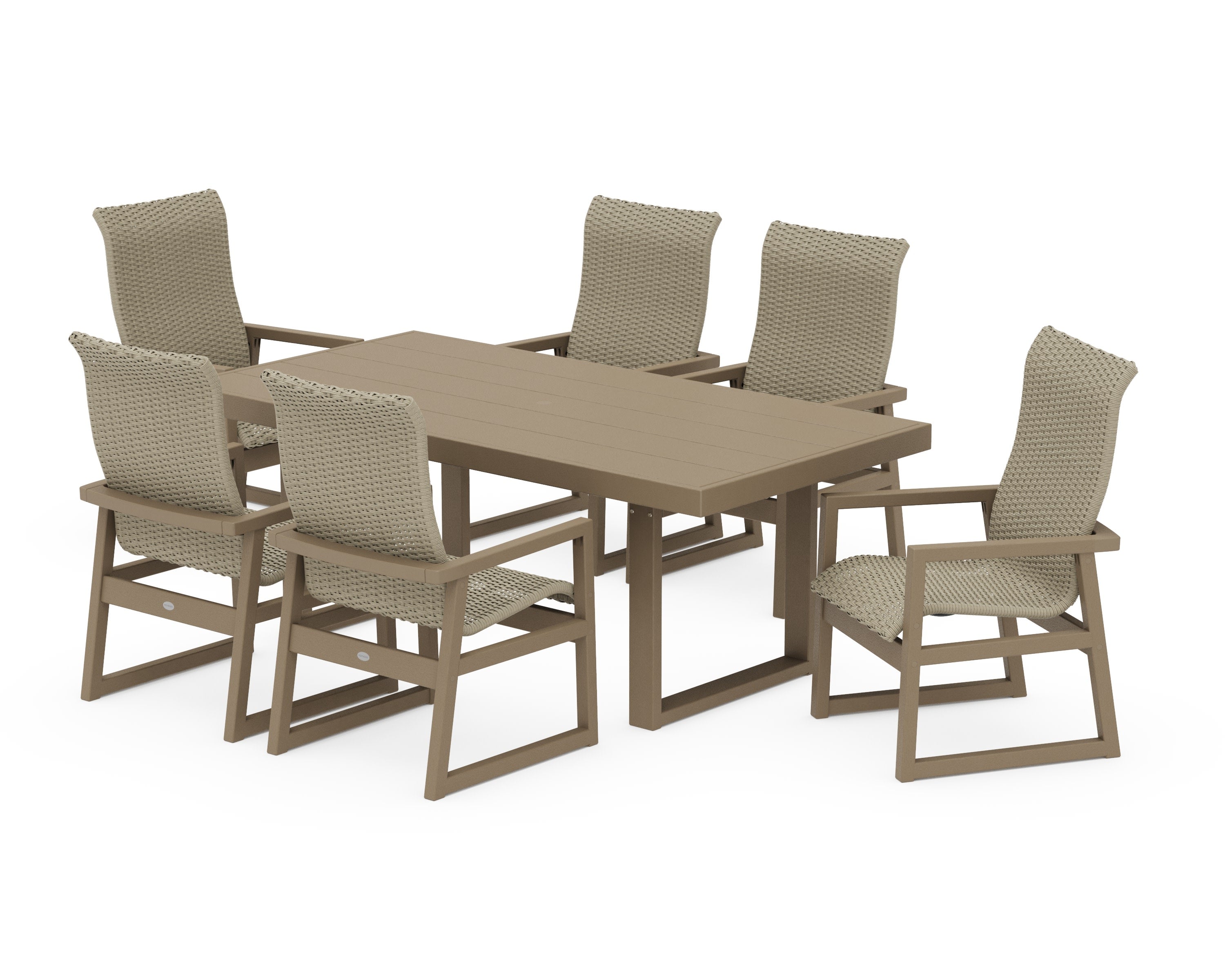 EDGE Woven Highback Arm Chair 7-Piece Dining Set in Vintage Sahara / Dune Grass