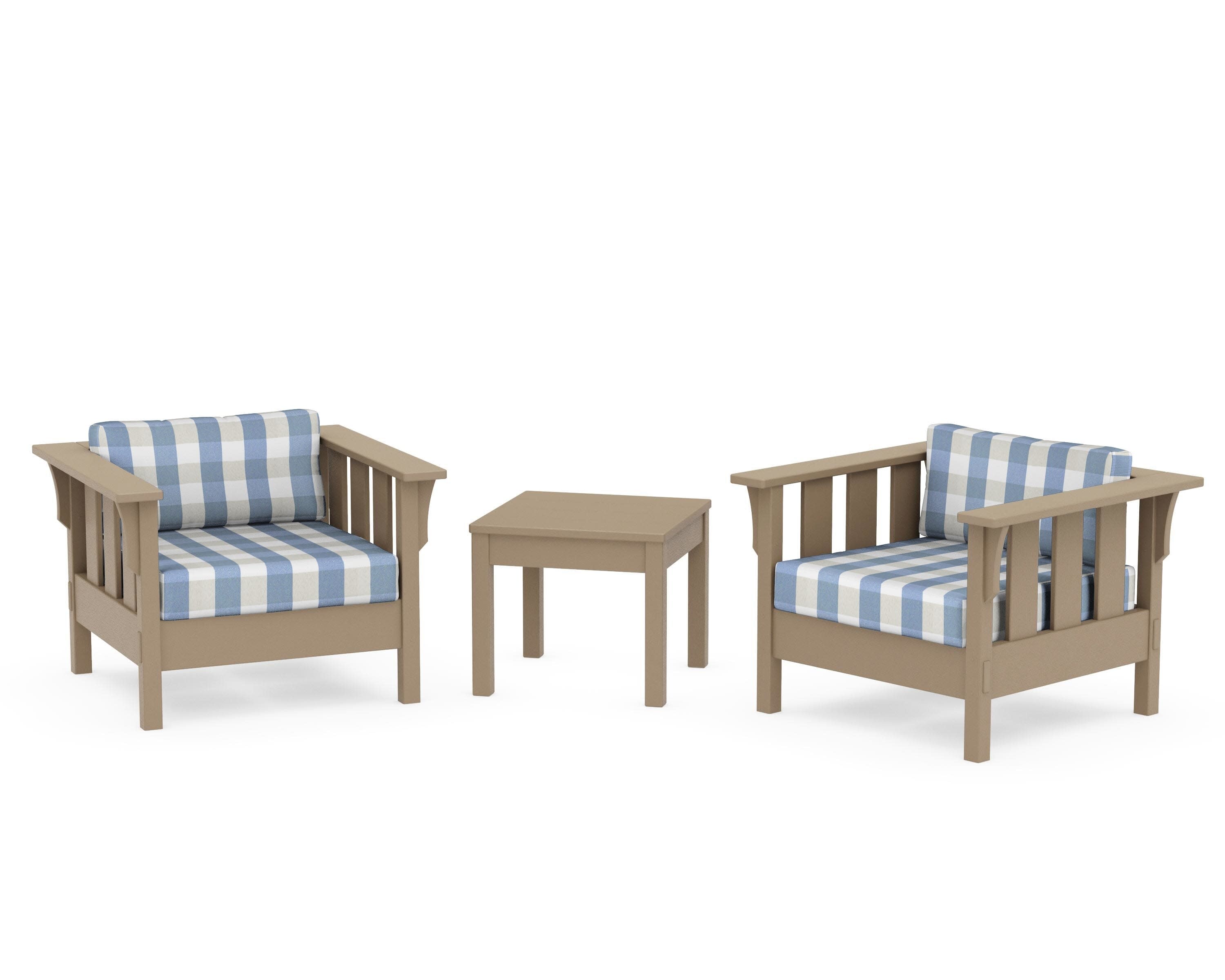 Acadia 3-Piece Deep Seating Set in Vintage Sahara / Buffalo Plaid Sky Blue