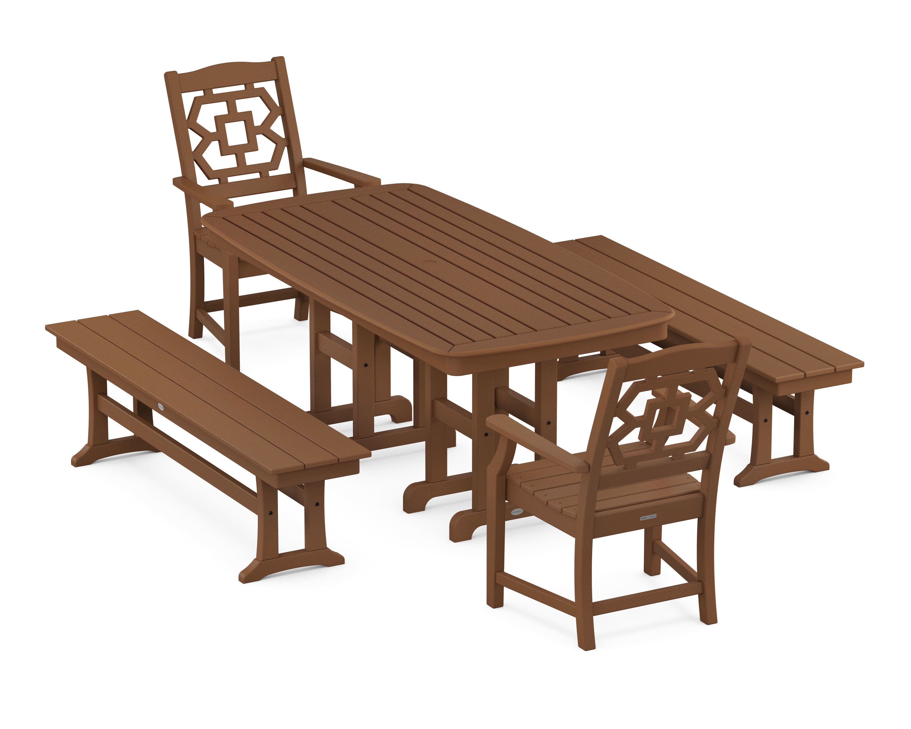 Chinoiserie 5-Piece Dining Set with Benches in Teak