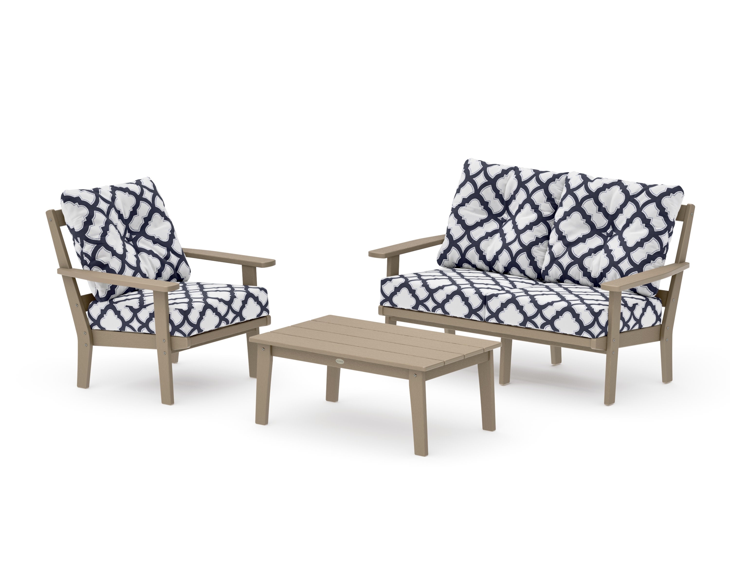 Prairie 3-Piece Deep Seating Set with Loveseat in Vintage Sahara / Trellis Navy