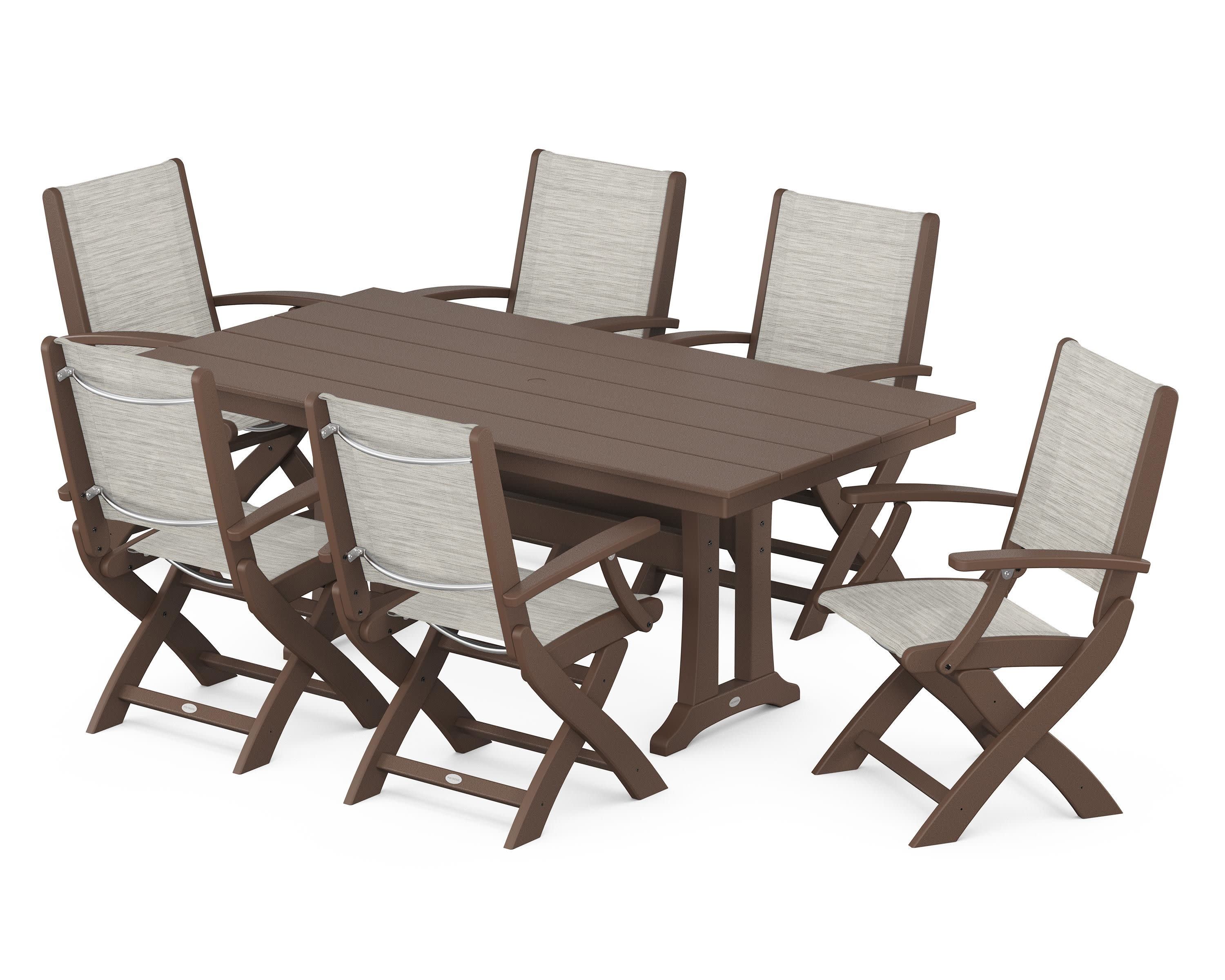 Coastal Folding Arm Chair 7-Piece Farmhouse Dining Set with Trestle Legs in Mahogany / Birch Sling
