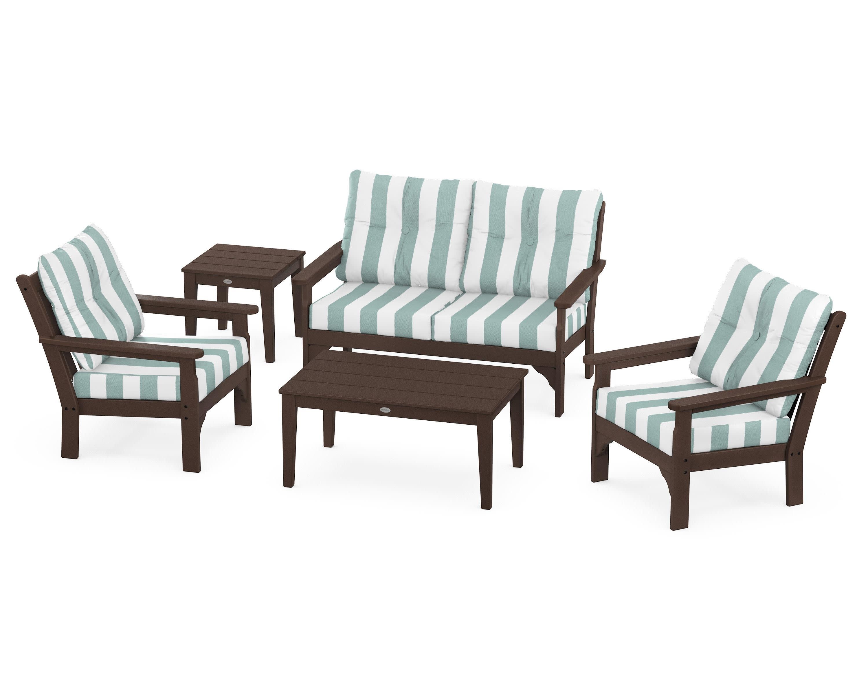 Vineyard 5-Piece Deep Seating Set in Mahogany / Cabana Stripe Glacier Spa