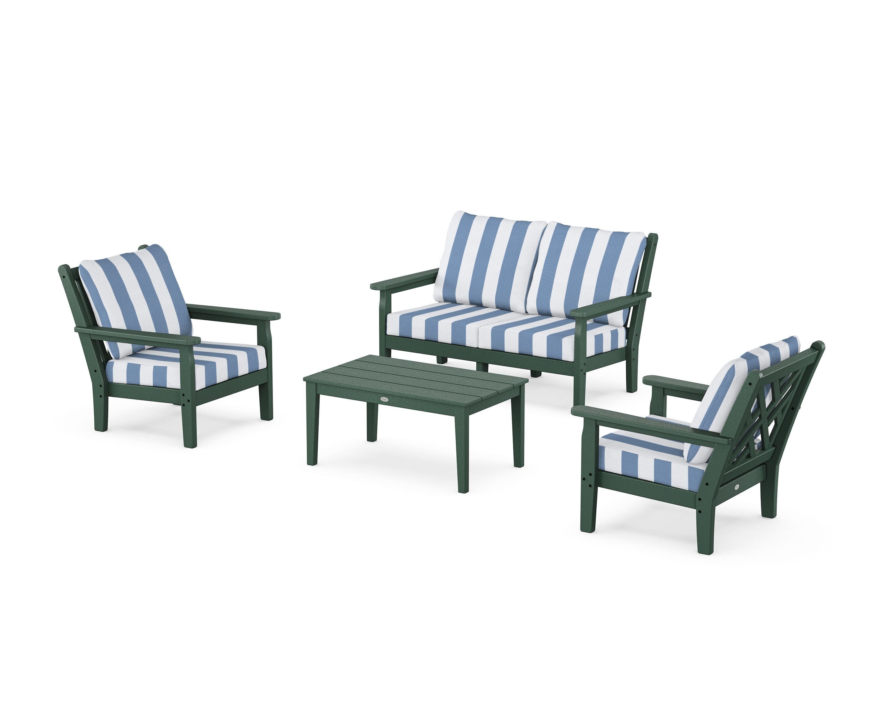 Chippendale 4-Piece Deep Seating Set with Loveseat in Green / Cabana Stripe Sky Blue