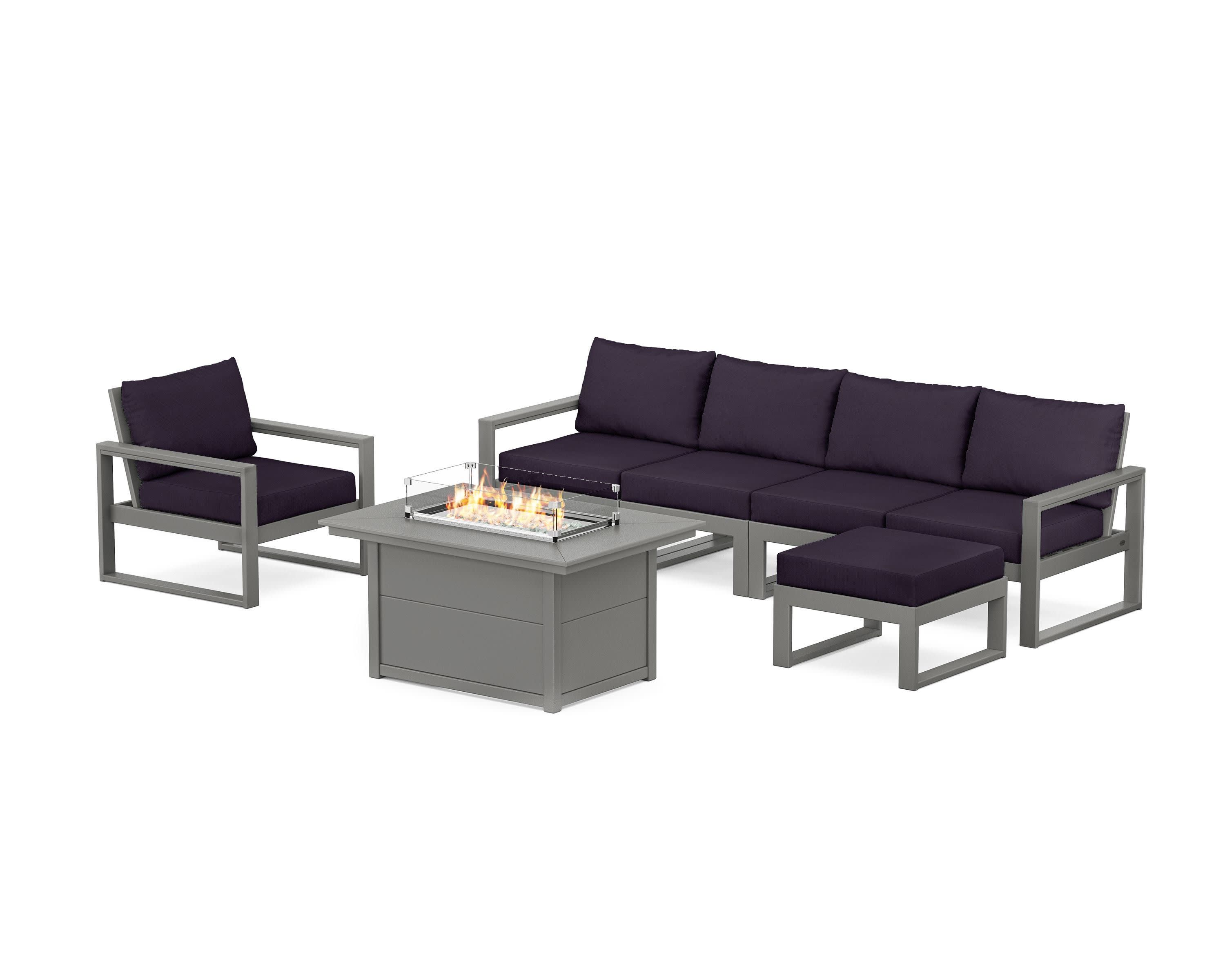 EDGE Sectional Lounge and Fire Pit Set in Slate Grey / Navy Linen