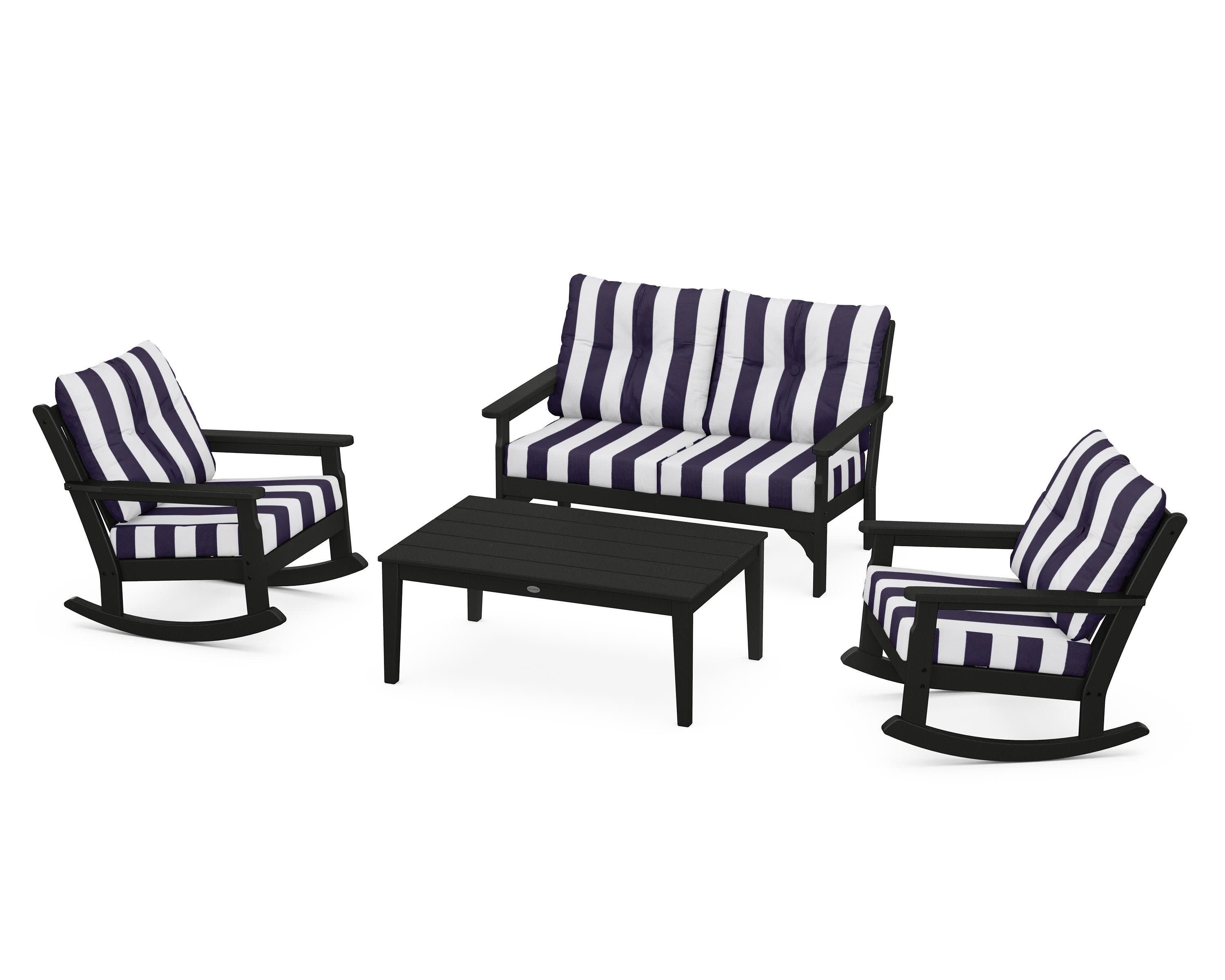 Vineyard 4-Piece Deep Seating Rocking Chair Set in Black / Cabana Stripe Navy