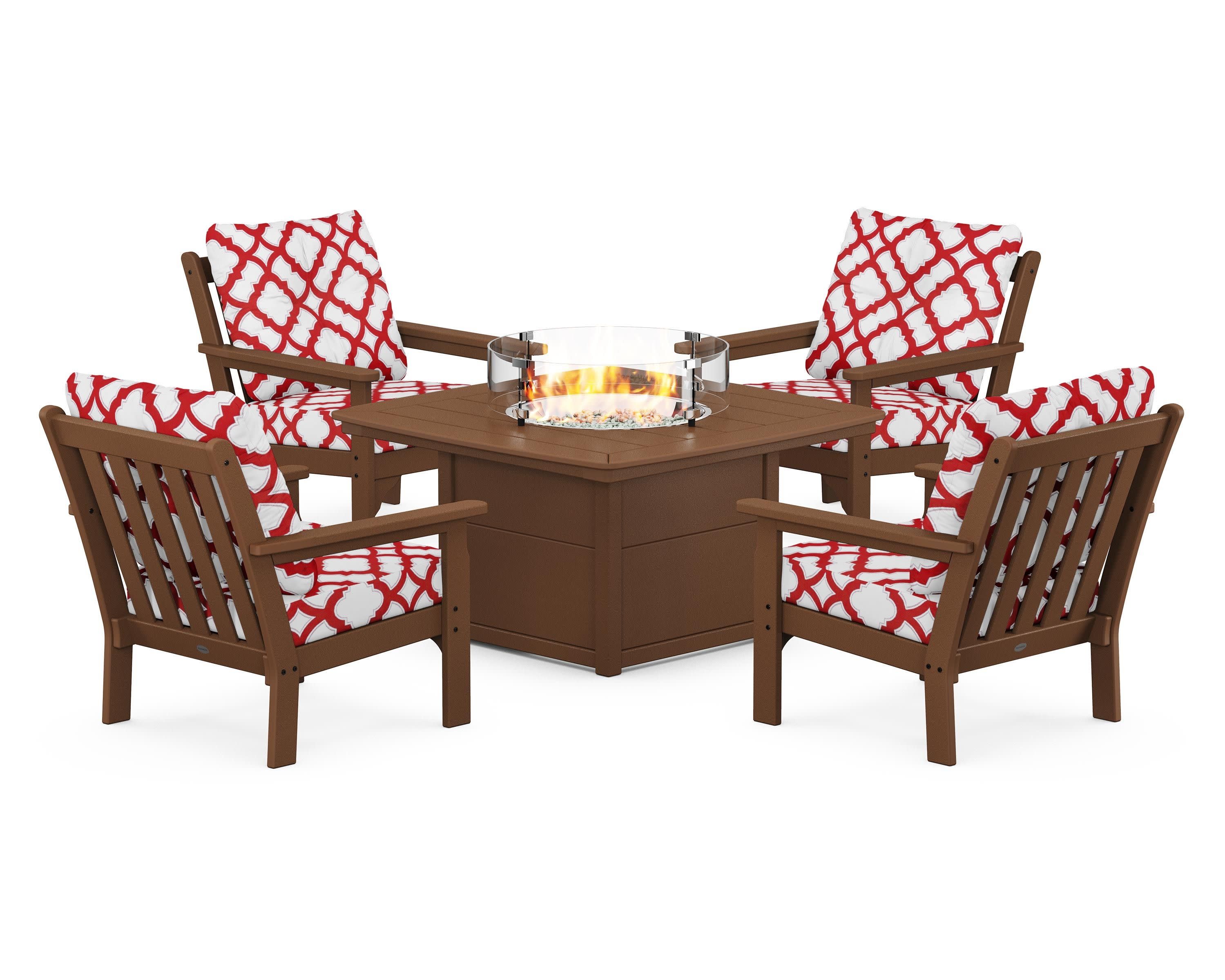 Vineyard 5-Piece Conversation Set with Fire Pit Table in Teak / Trellis Crimson