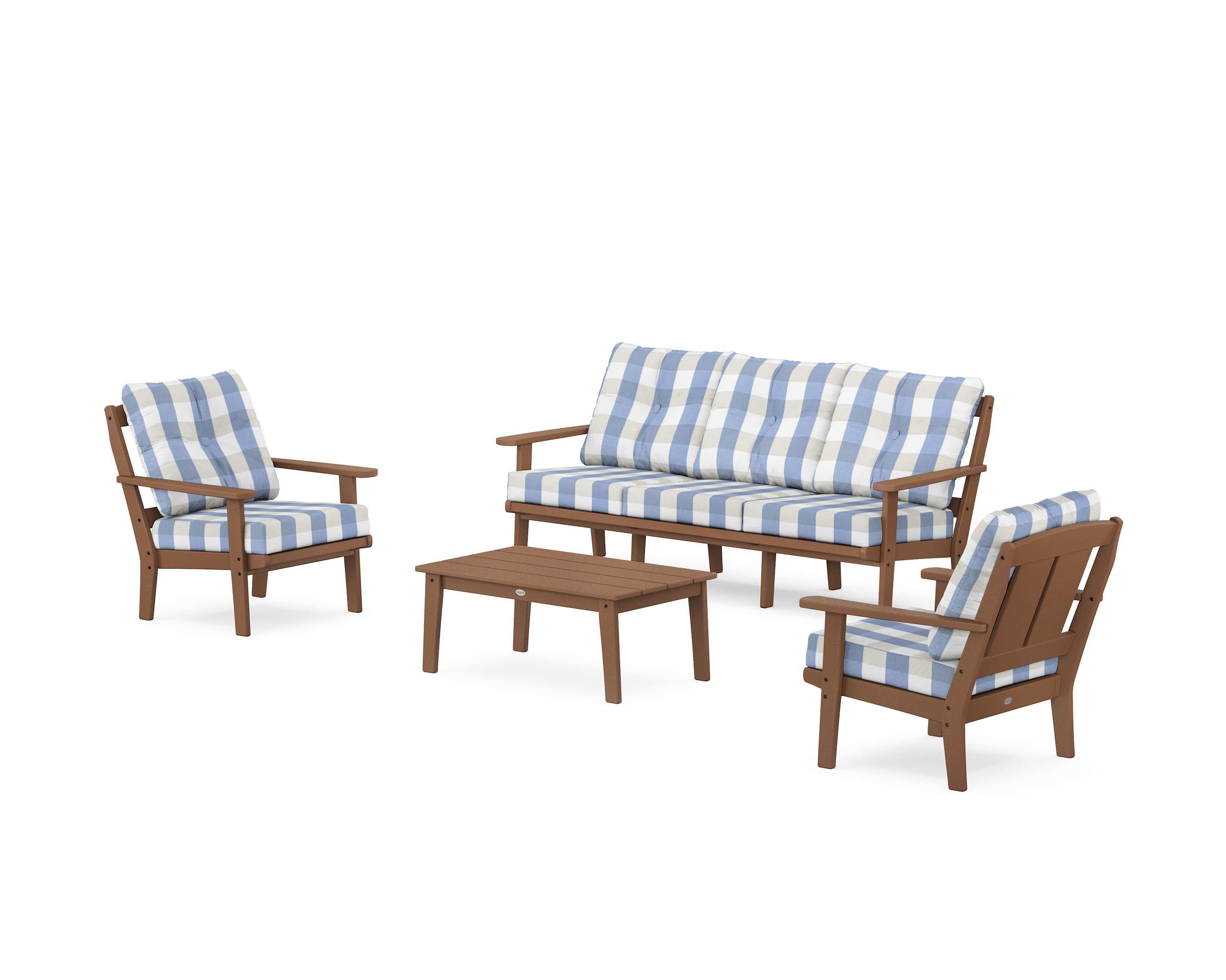 Mission 4-Piece Deep Seating Set with Sofa in Teak / Buffalo Plaid Sky Blue