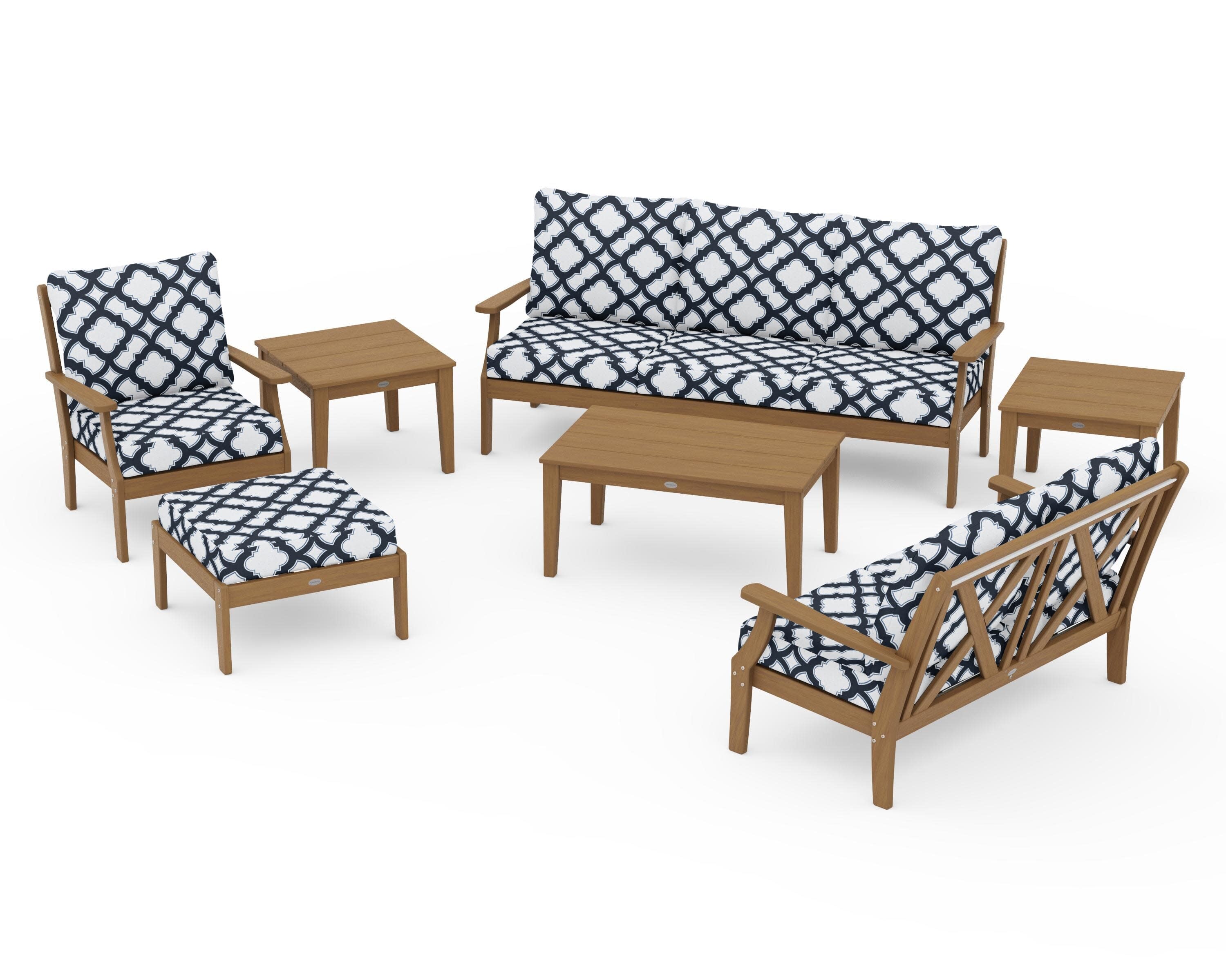 Braxton 7-Piece Deep Seating Set in Natural / Trellis Marine Indigo