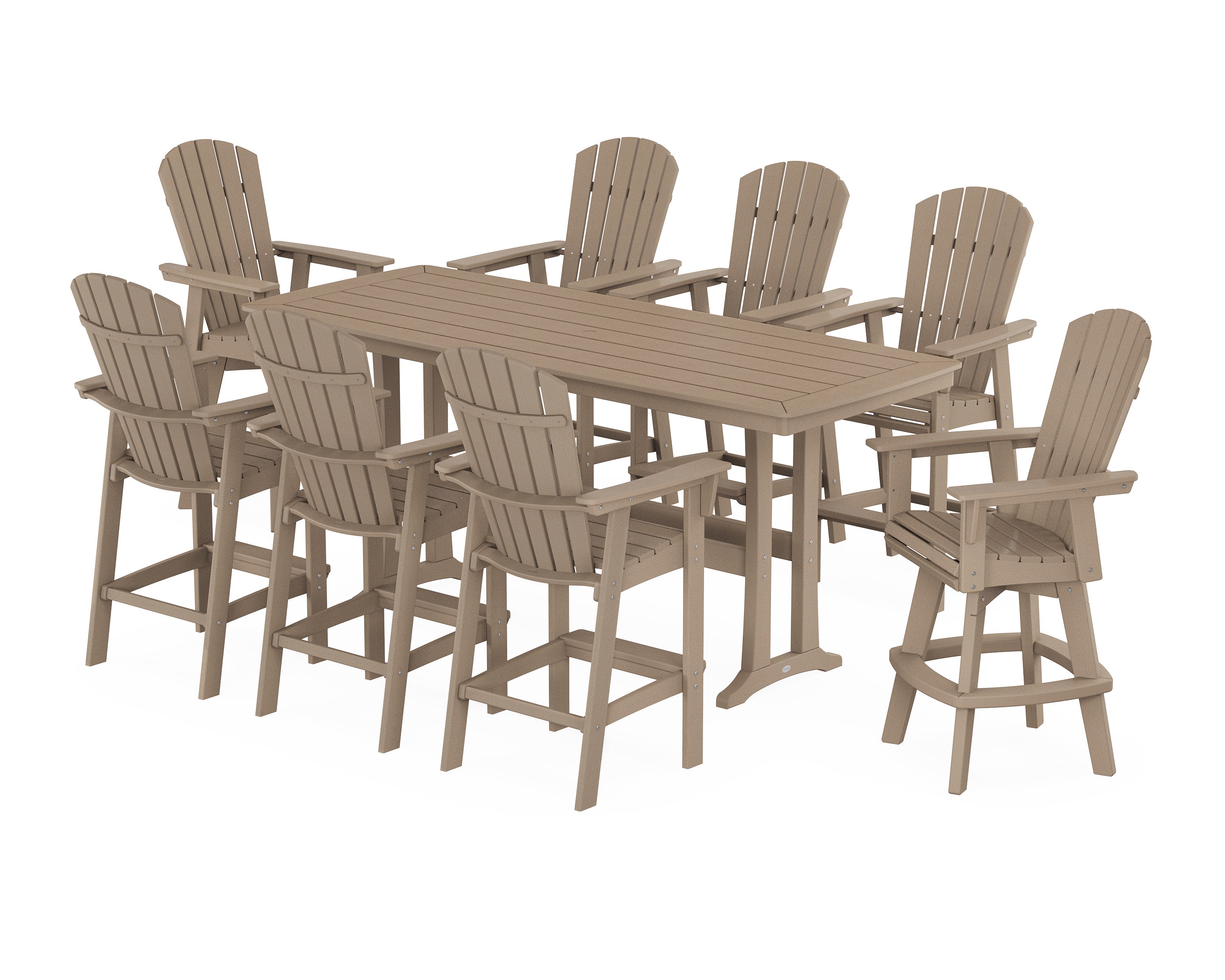 Nautical Curveback Adirondack Swivel 9-Piece Bar Set with Trestle Legs in Vintage Sahara