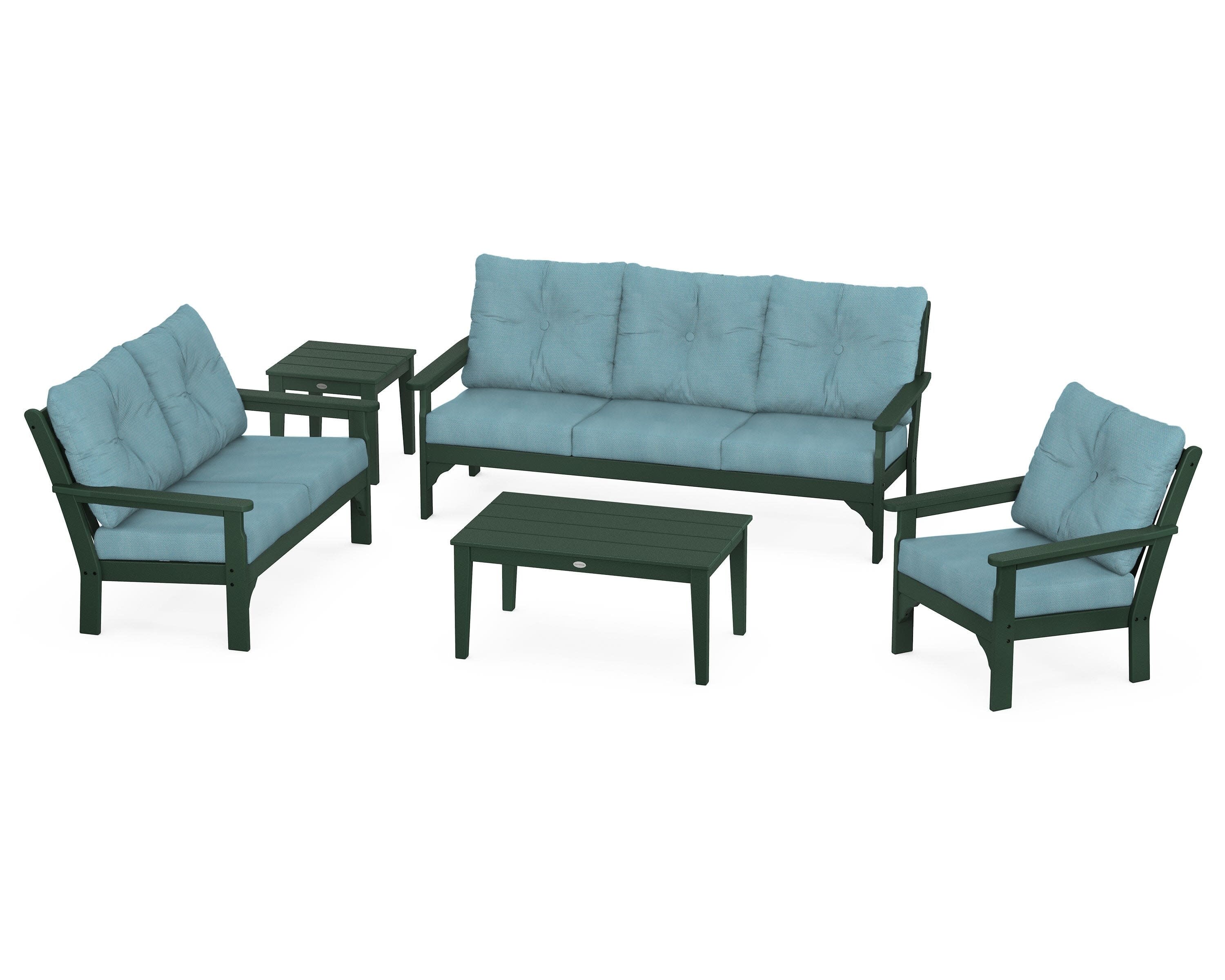 Vineyard 5 Piece Deep Seating Set in Green / Lattice Sky Blue