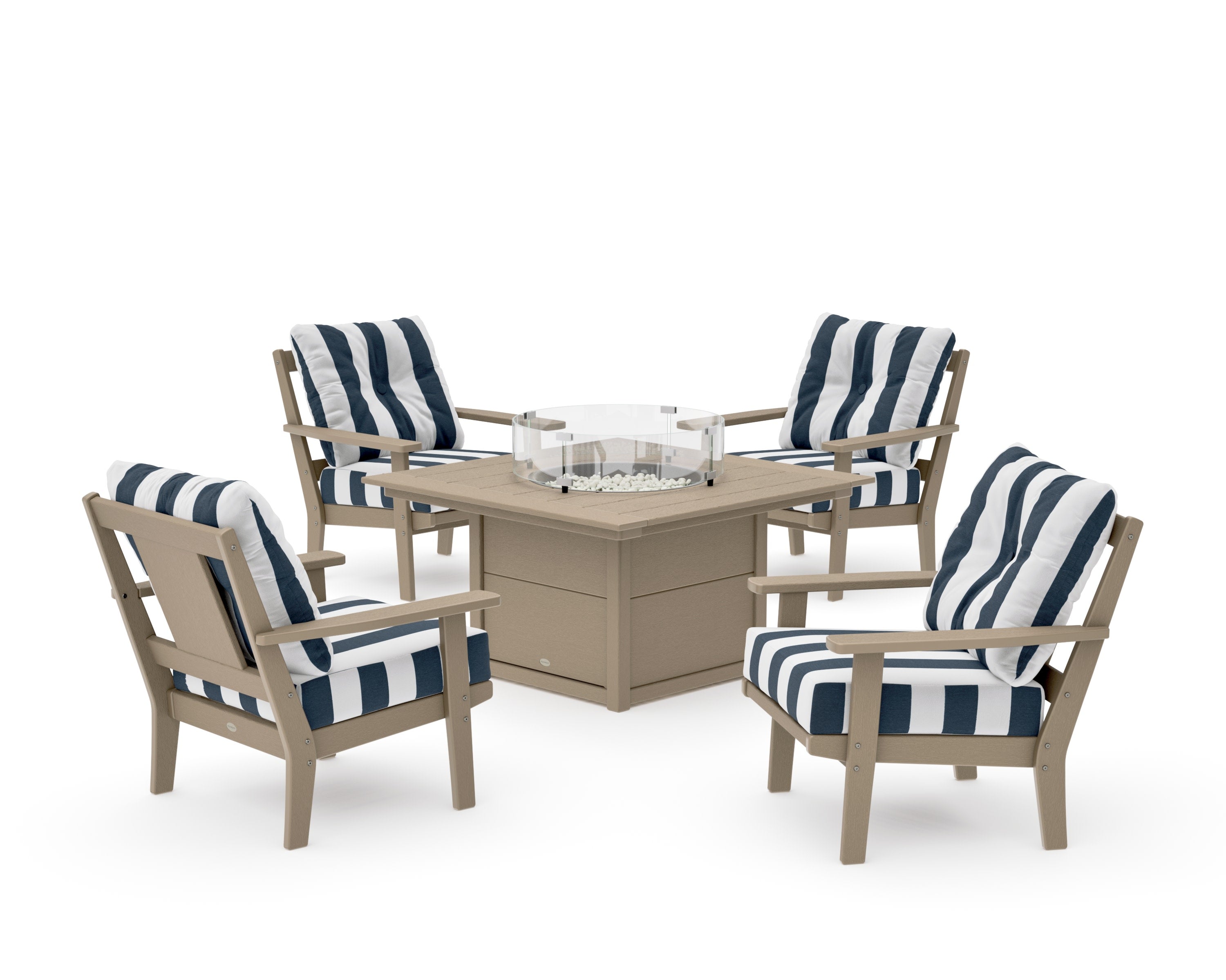 Prairie 5-Piece Deep Seating Set with Fire Pit Table in Vintage Sahara / Cabana Stripe Marine Indigo
