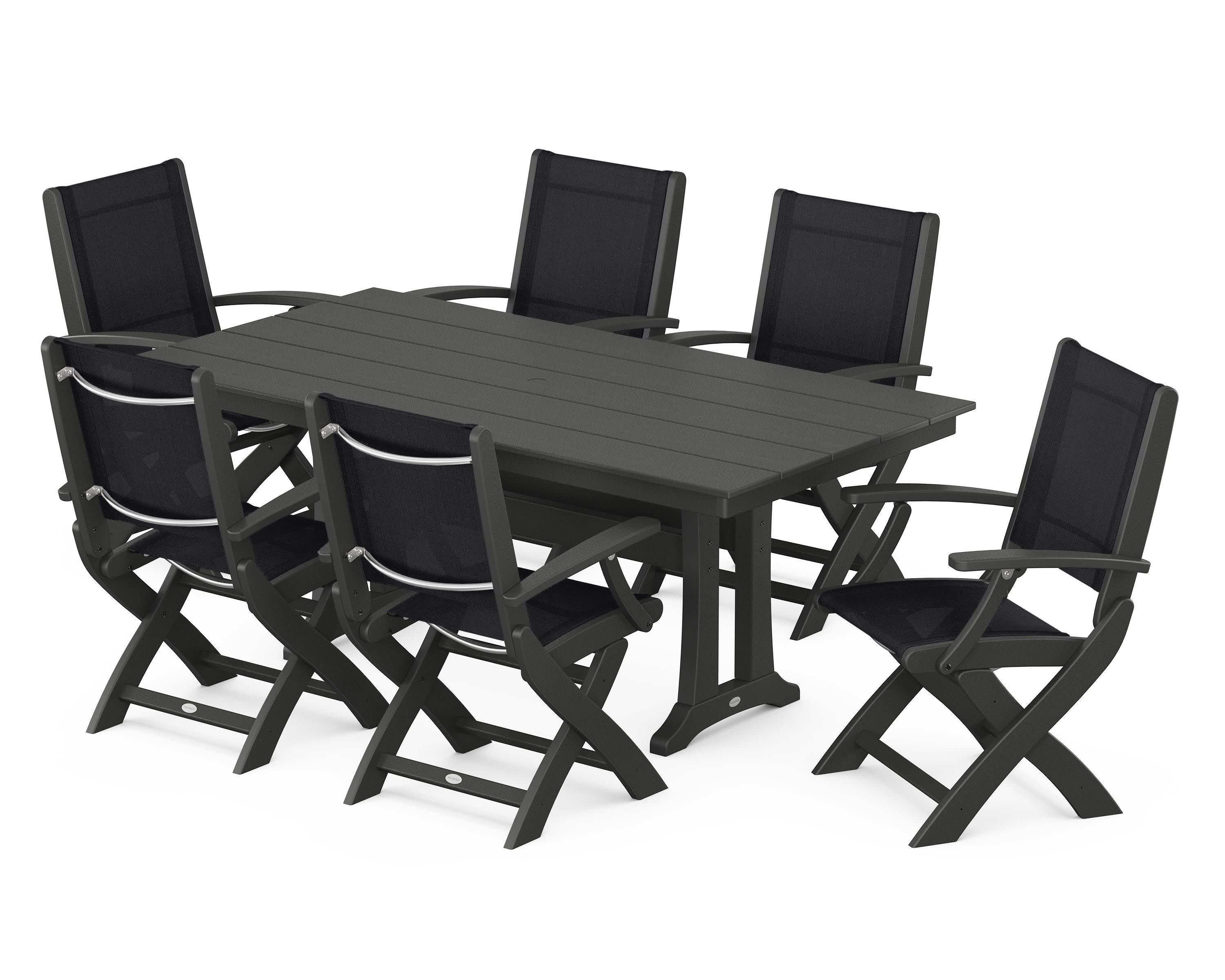 Coastal Folding Arm Chair 7-Piece Farmhouse Dining Set with Trestle Legs in Black / Black Sling