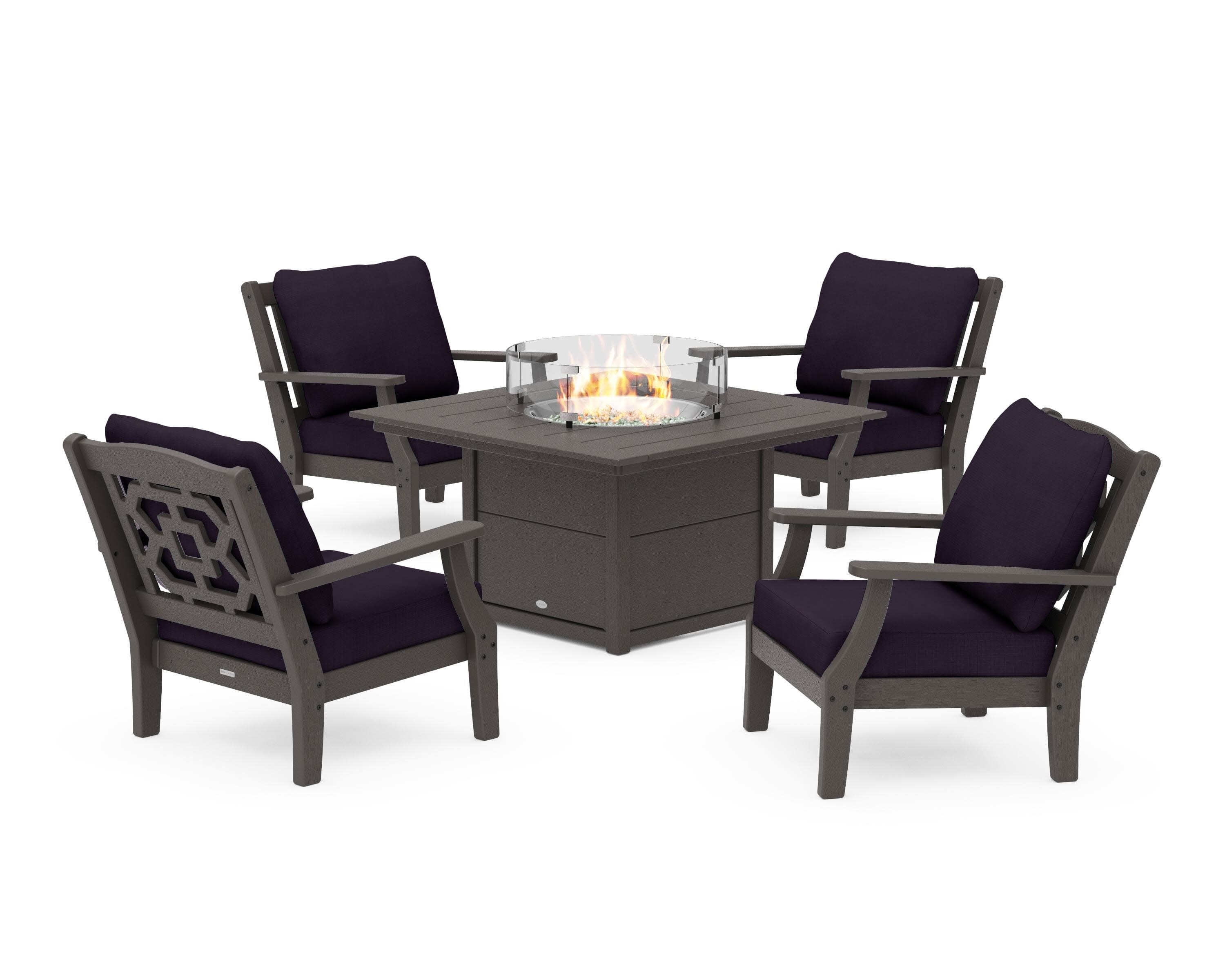 Chinoiserie 5-Piece Deep Seating Set with Fire Pit Table in Vintage Coffee / Navy Linen