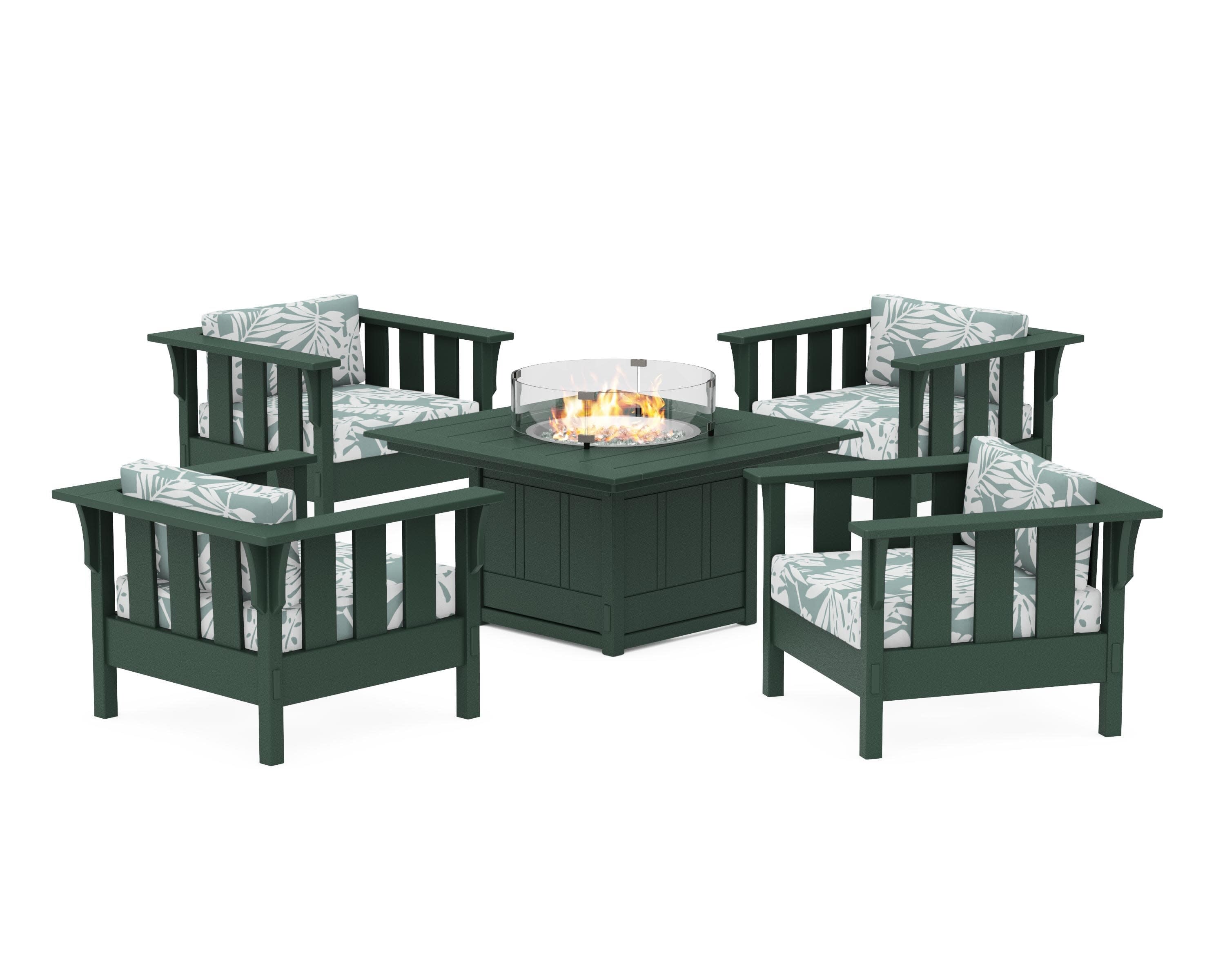Acadia 5-Piece Deep Seating Set with Fire Pit Table in Green / Leaf Glacier Spa