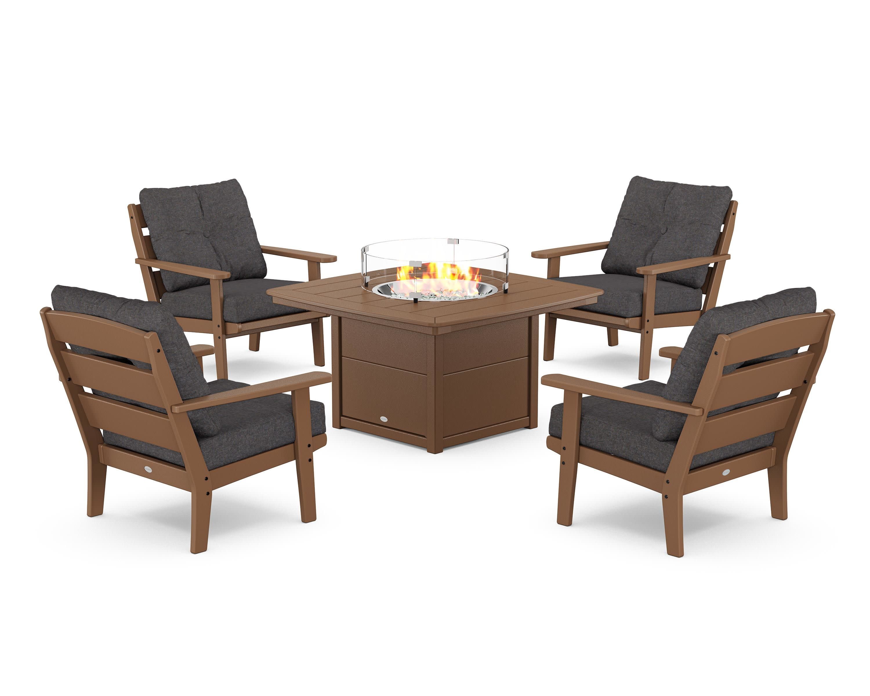 Lakeside 5-Piece Deep Seating Set with Nautical Fire Pit Table in Teak / Ash Charcoal