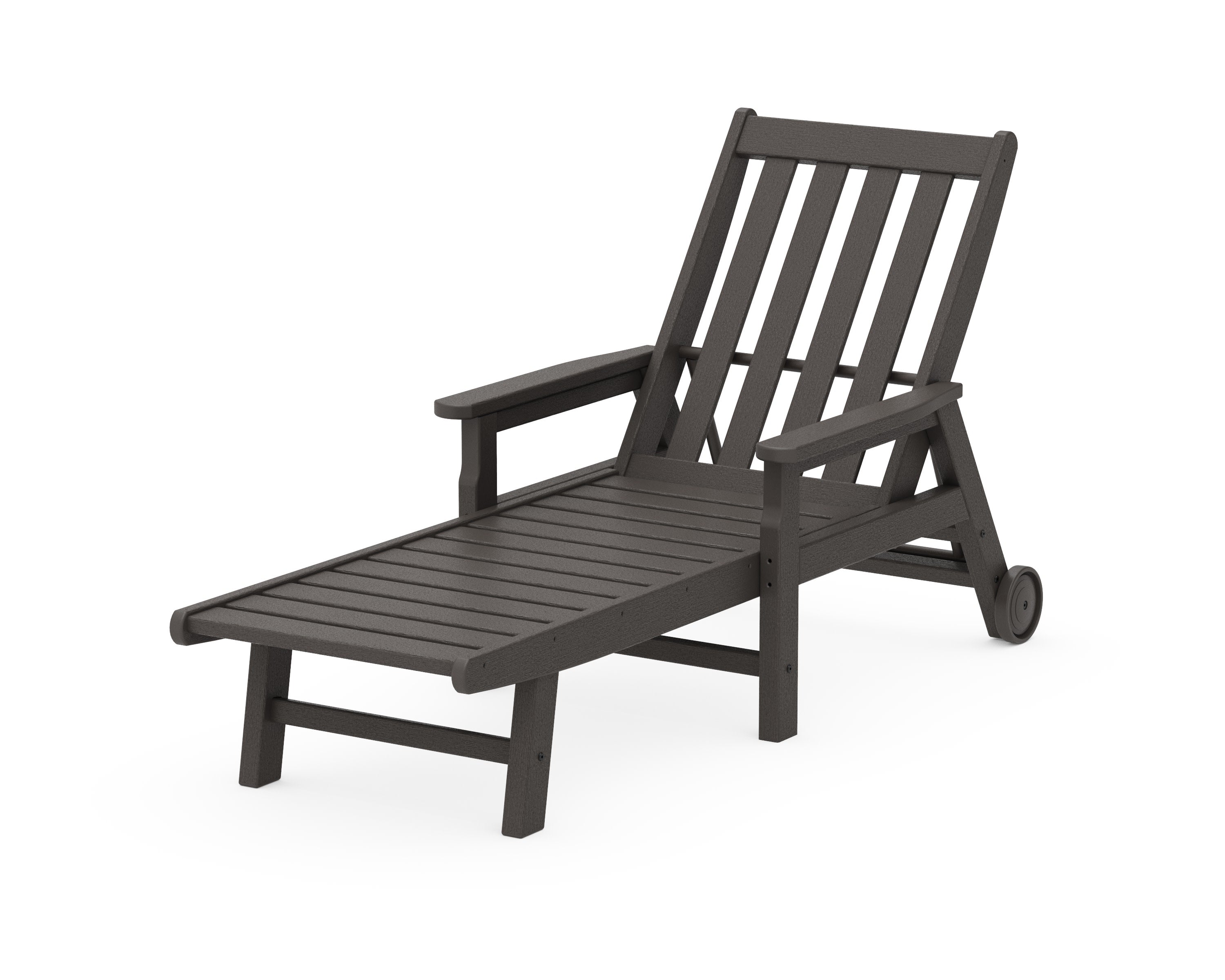 Vineyard Chaise with Arms and Wheels in Vintage Coffee