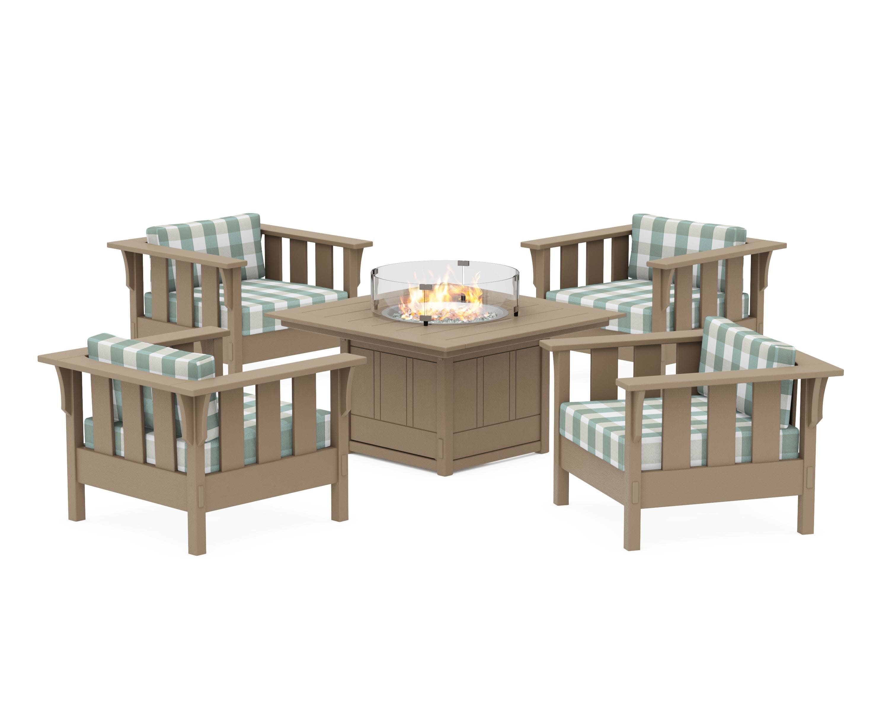 Acadia 5-Piece Deep Seating Set with Fire Pit Table in Vintage Sahara / Buffalo Plaid Glacier Spa