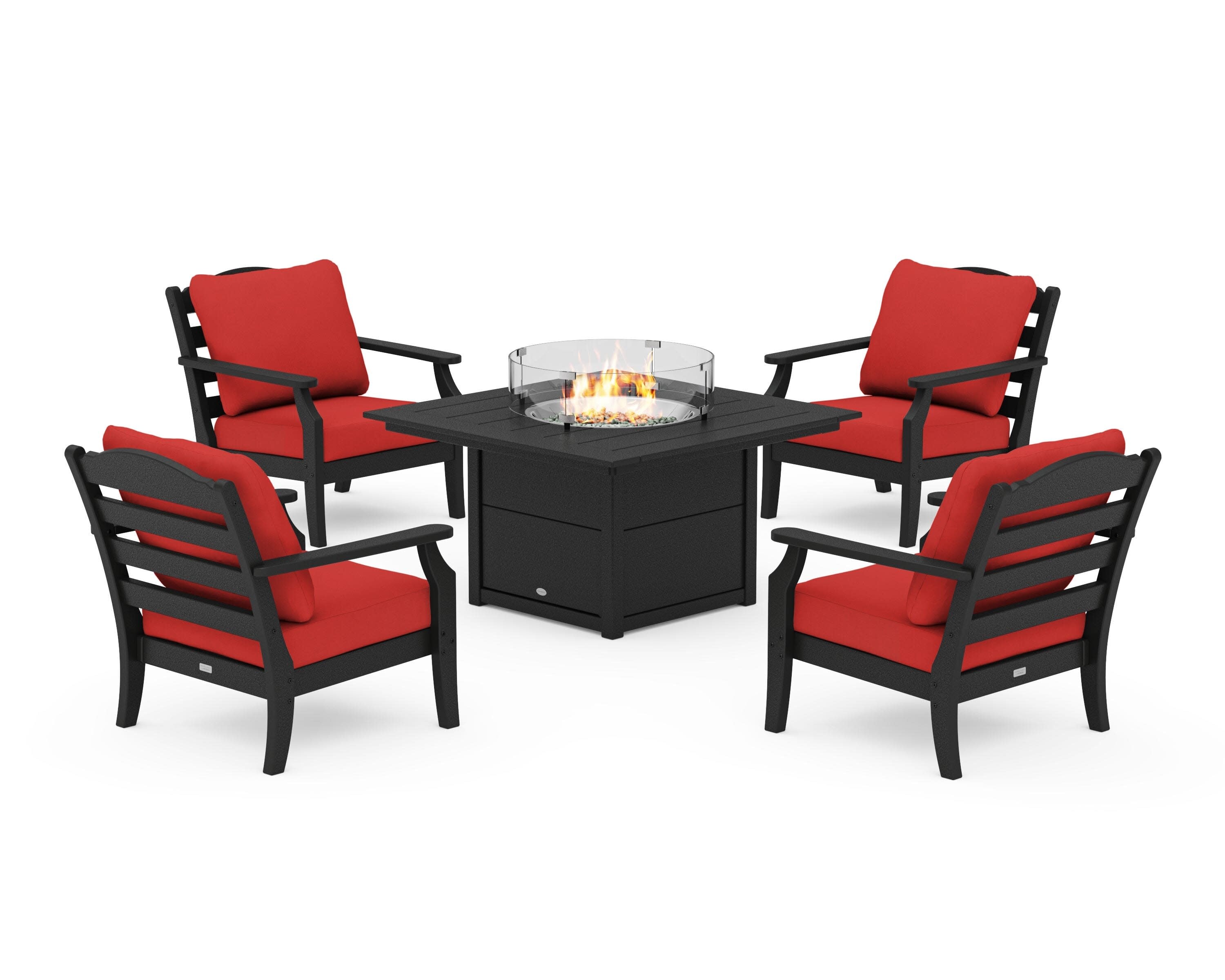 Savannah 5-Piece Deep Seating Set with Fire Pit Table in Black / Crimson Linen