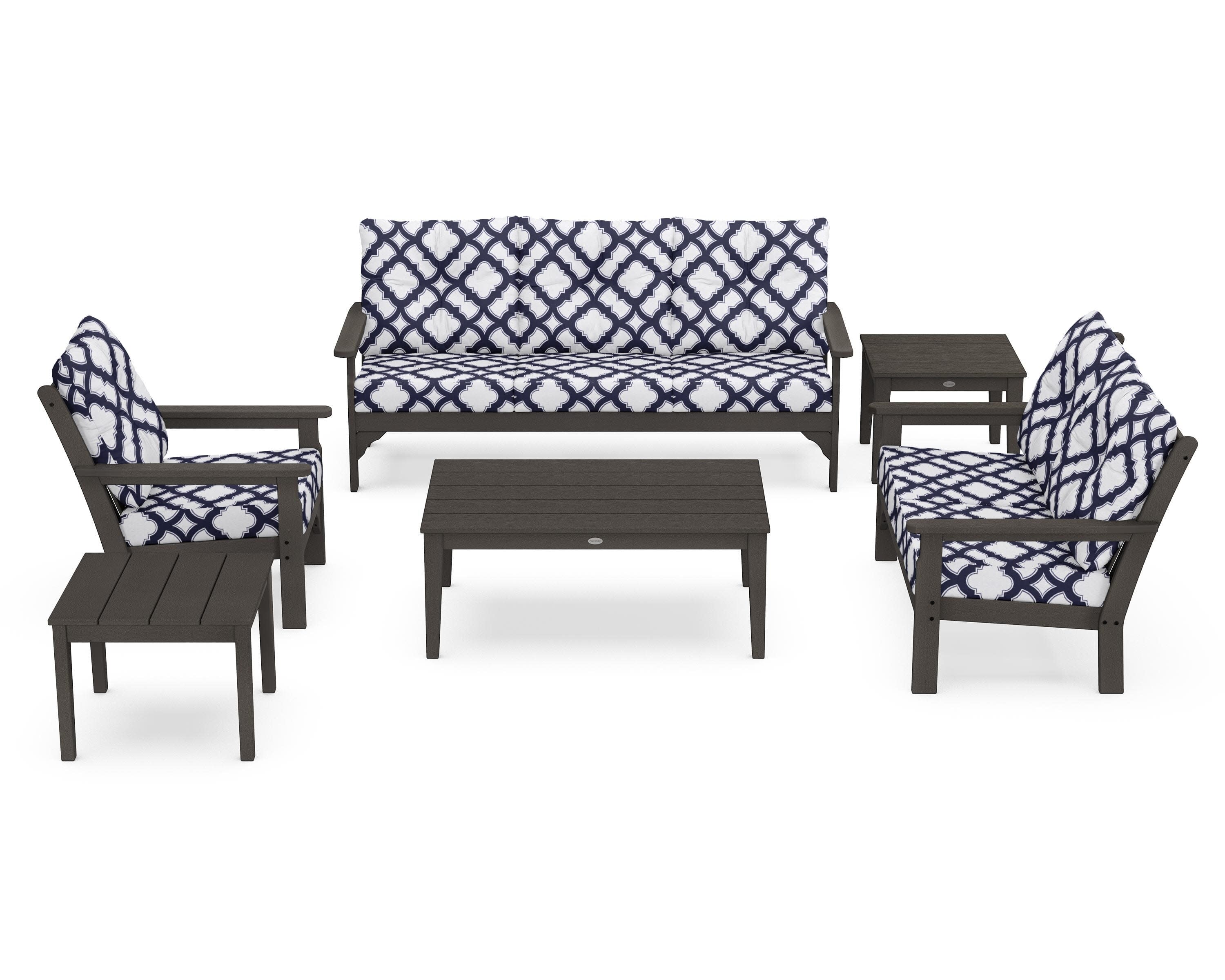 Vineyard 6-Piece Deep Seating Set in Vintage Coffee / Trellis Navy