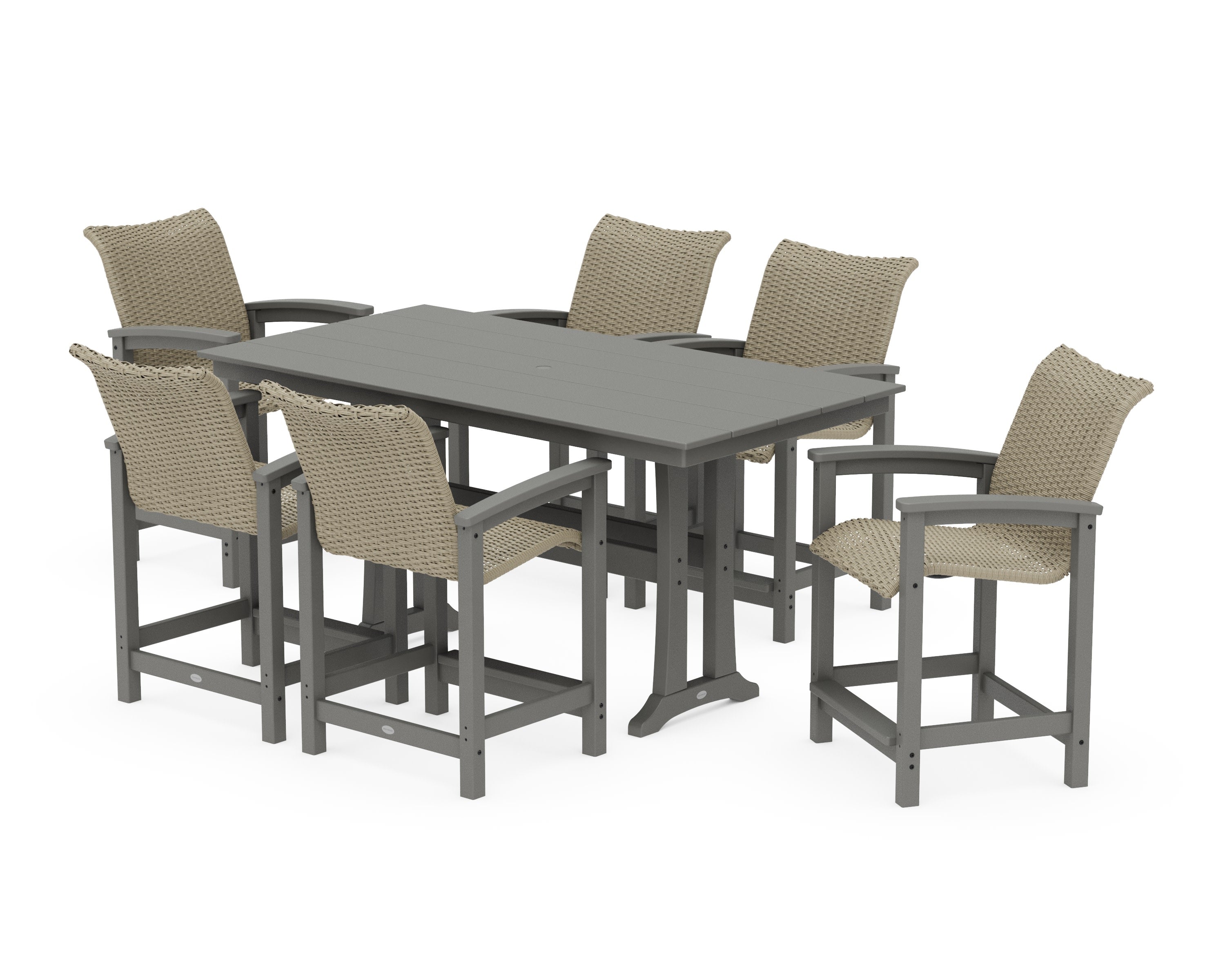 Coastal Woven Arm Chair 7-Piece Farmhouse Counter Set with Trestle Legs in Slate Grey / Dune Grass