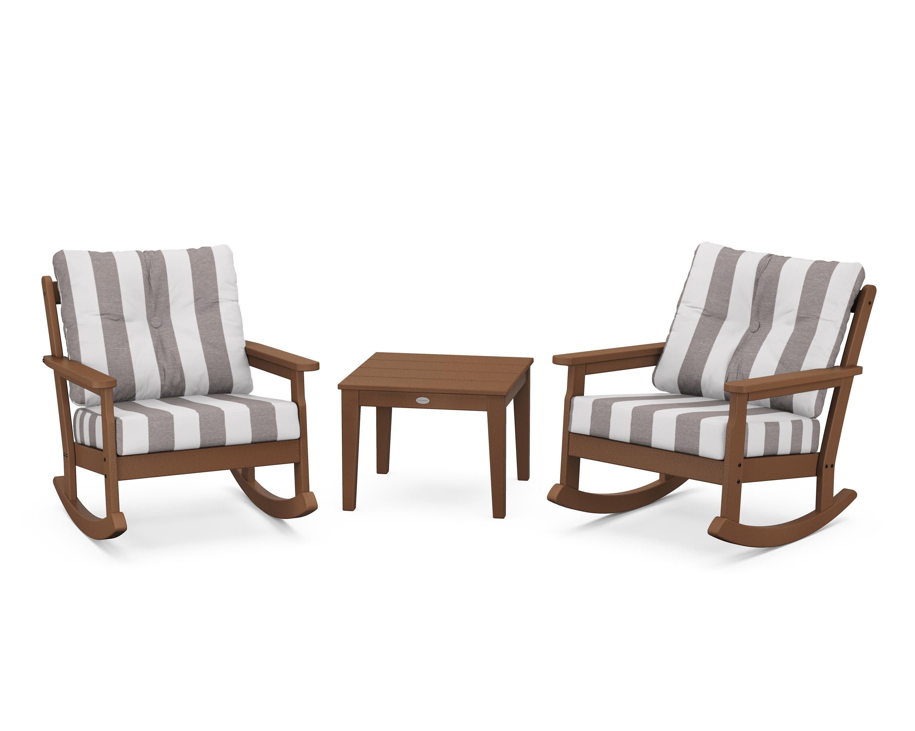 Vineyard 3-Piece Deep Seating Rocker Set in Teak / Cabana Stripe Grey Mist